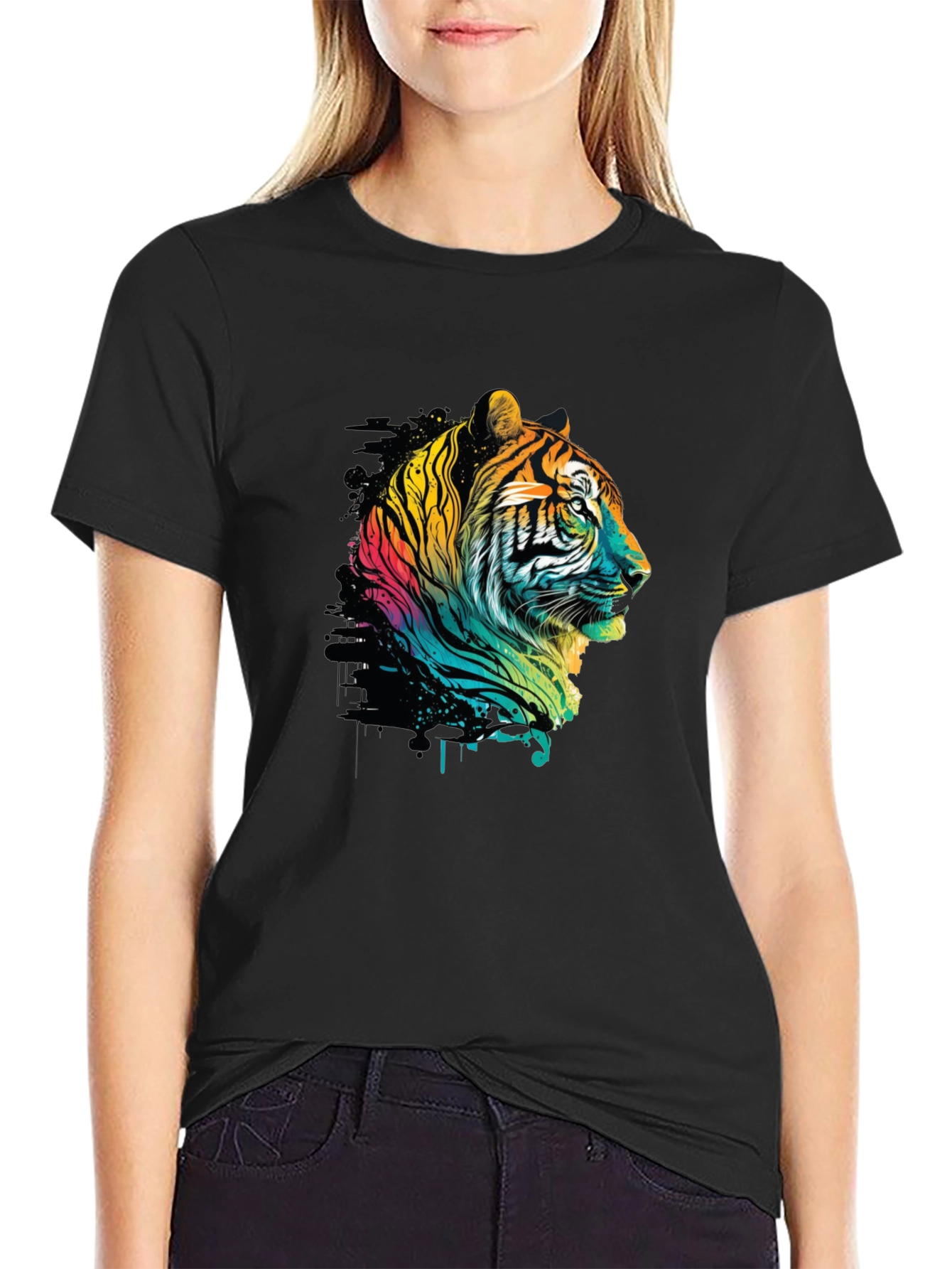 Vibrant Tiger Graphic Tee - Stylish Mens Black T-Shirt