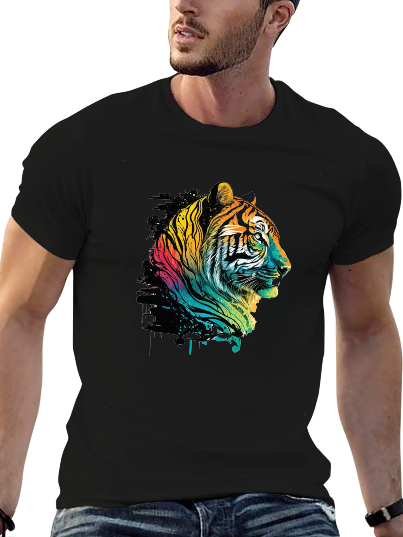 Vibrant Tiger Graphic Tee - Stylish Mens Black T-Shirt