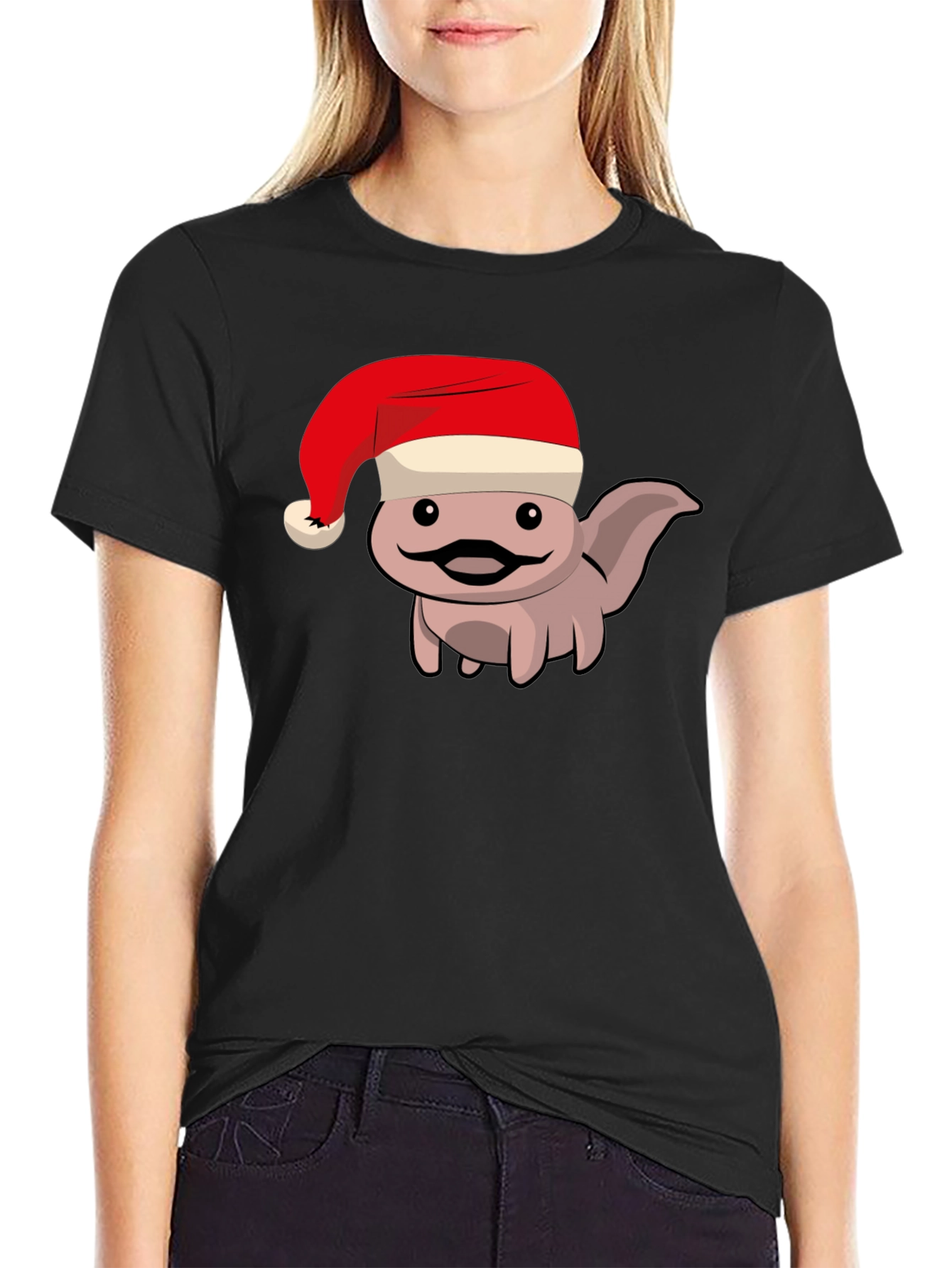 Axolotl in Santa Hat Black T-Shirt