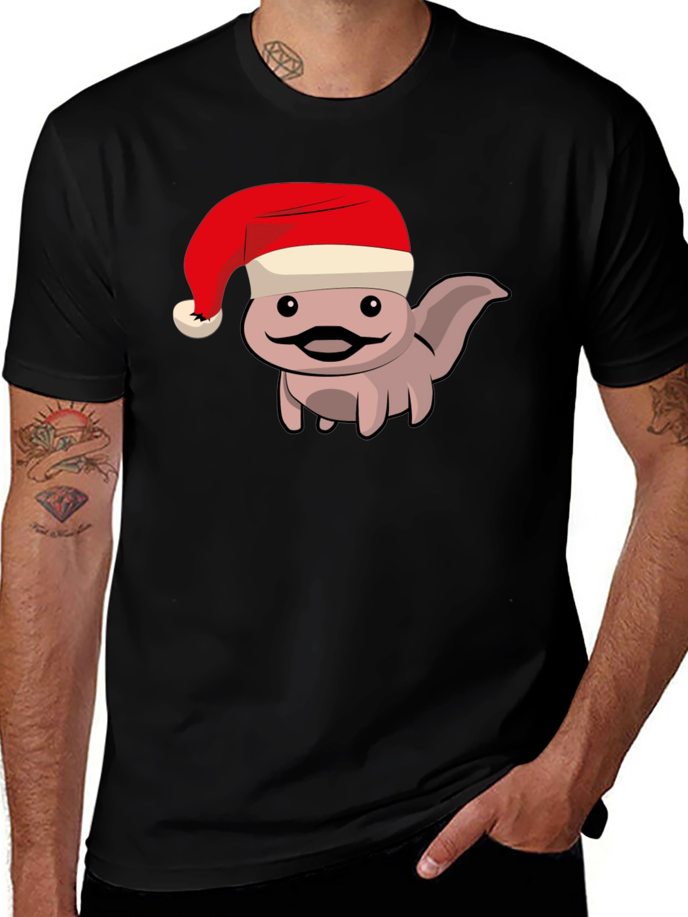 Axolotl in Santa Hat Black T-Shirt