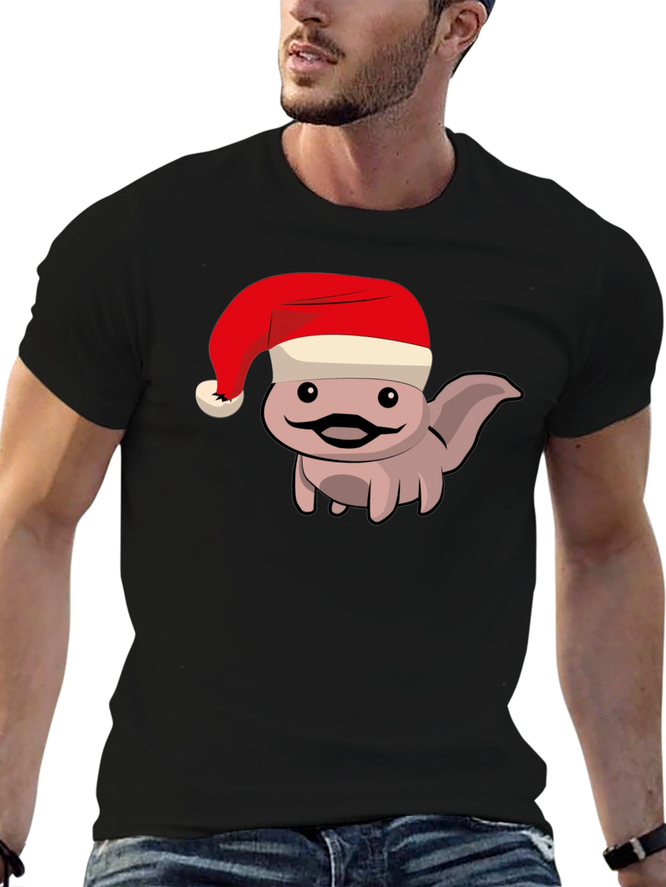 Axolotl in Santa Hat Black T-Shirt