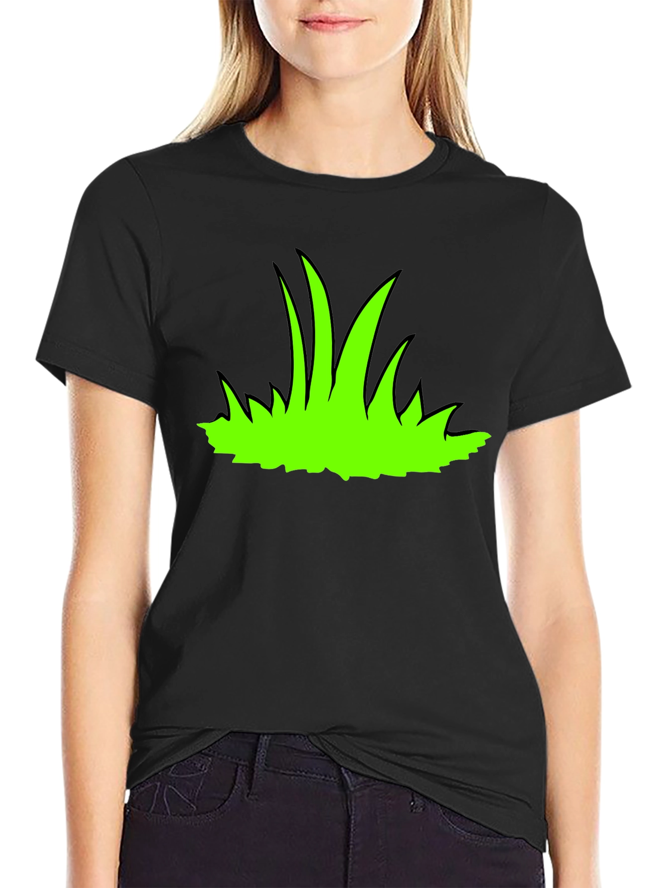 Green Grass Graphic Print Black T-Shirt