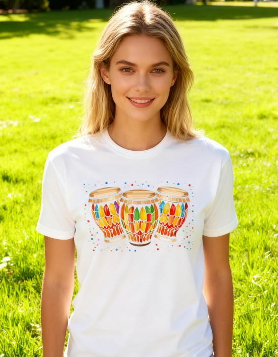 Colorful Percussion Graphic Tee for Music Enthusiasts