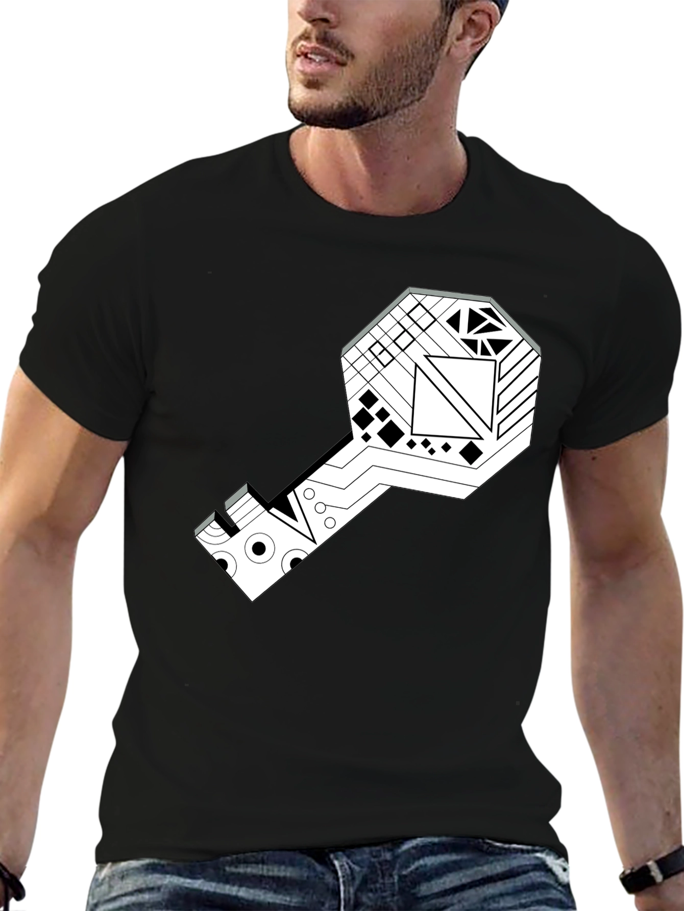 Geometric Key Graphic Tee - Modern Style