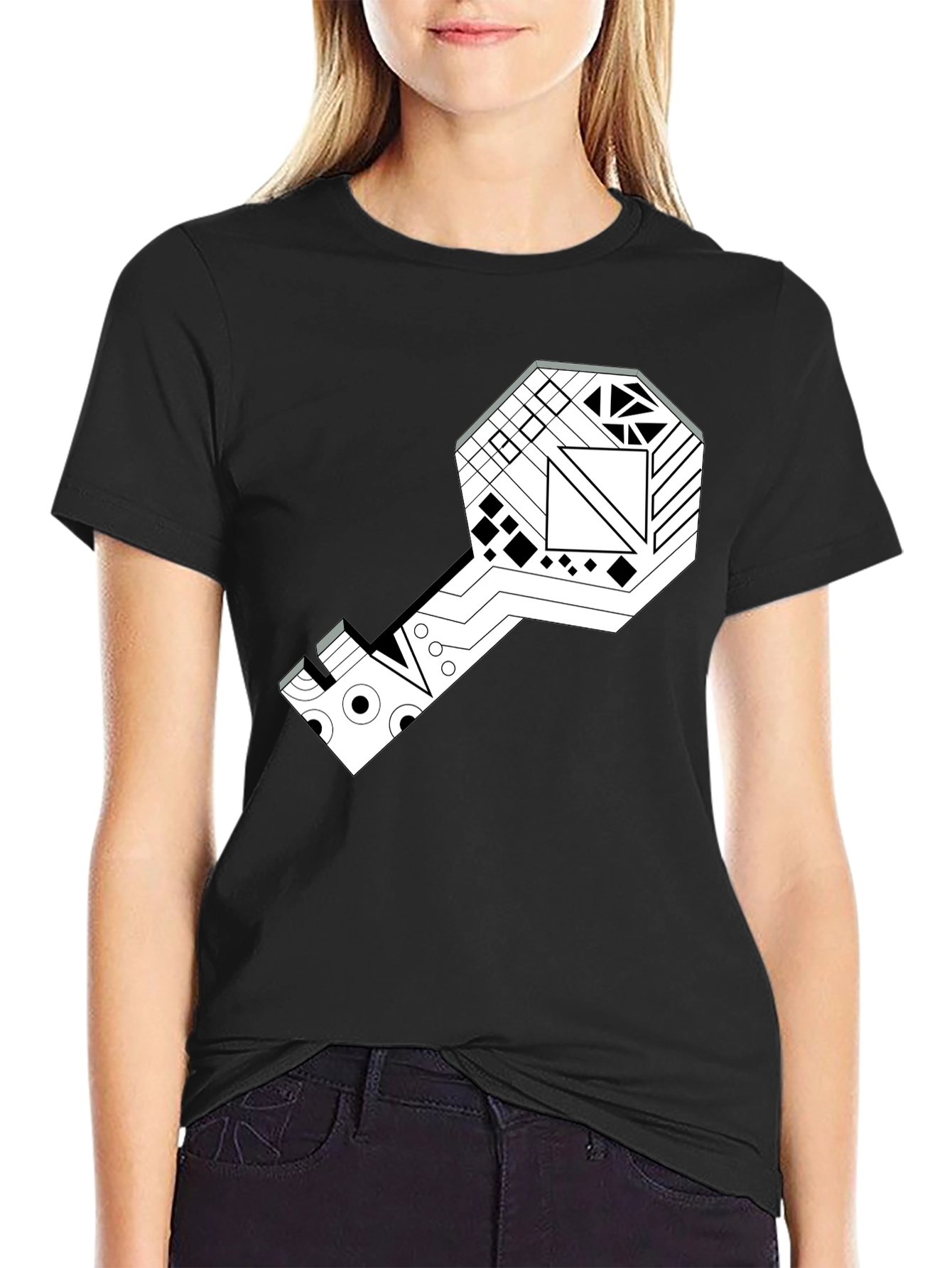 Geometric Key Graphic Tee - Modern Style
