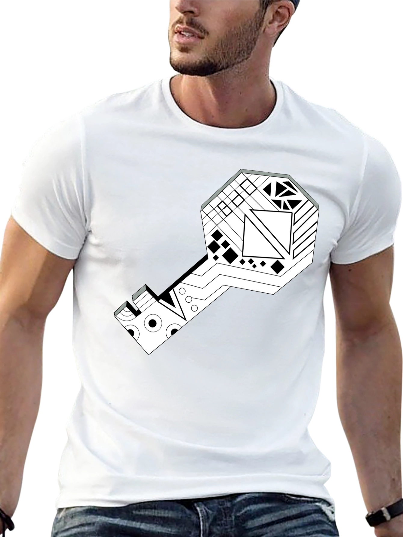 Geometric Key Graphic Tee - Modern Style