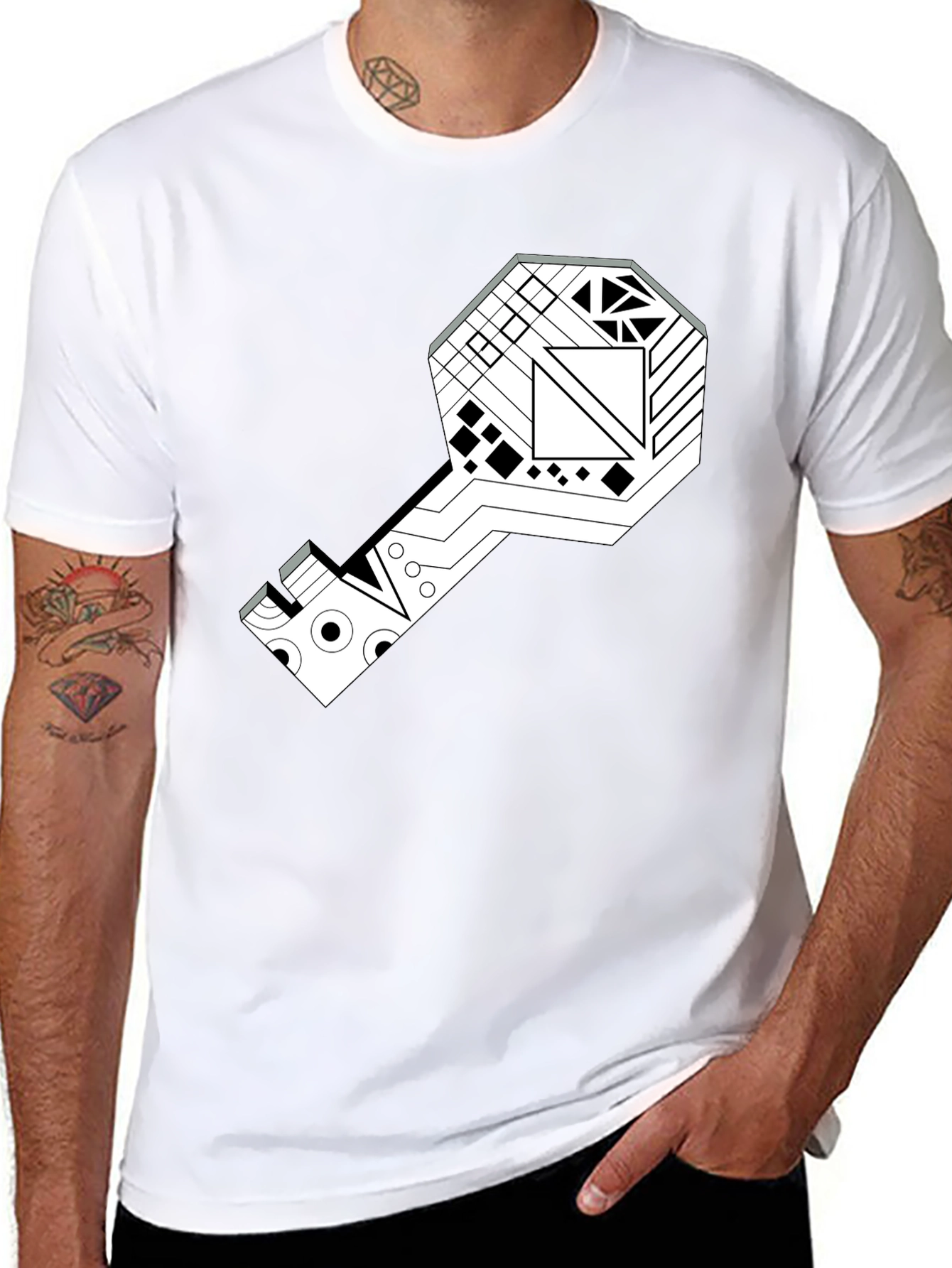 Geometric Key Graphic Tee - Modern Style