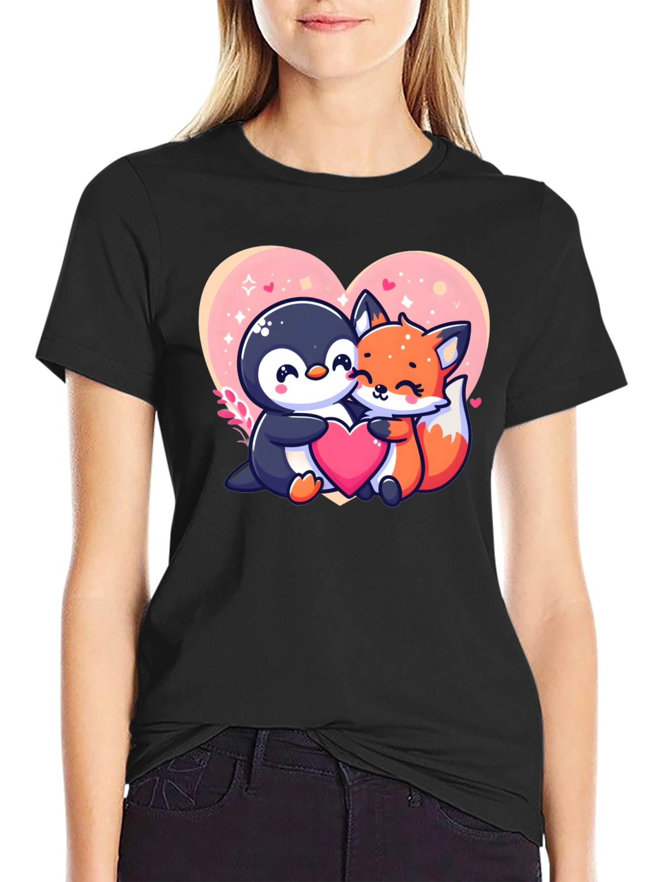Cute Penguin & Fox Love Heart Graphic Tee
