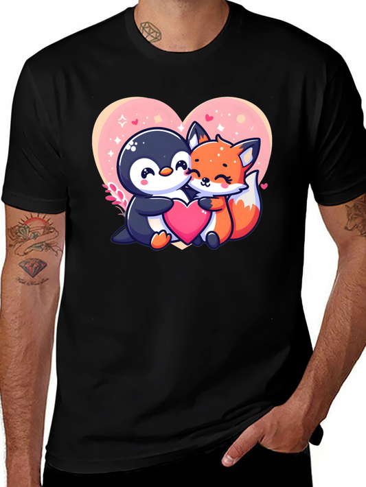 Cute Penguin & Fox Love Heart Graphic Tee