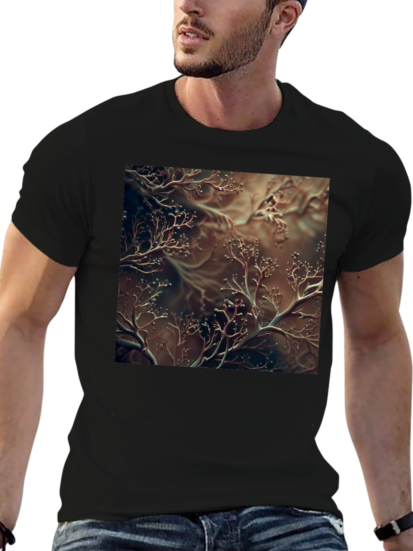 Unique Abstract Branch Design Black T-Shirt