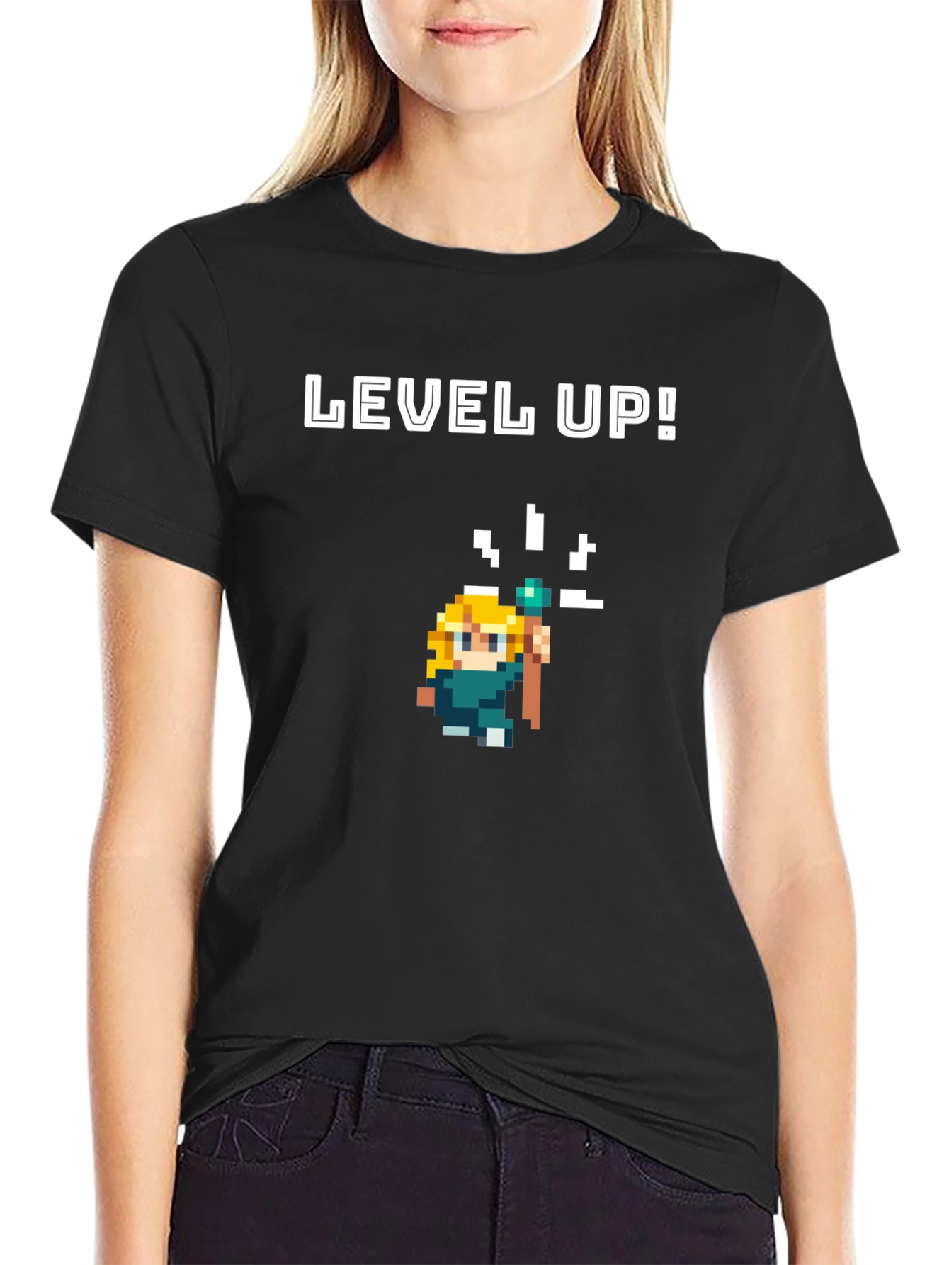 Level Up Pixel Art Black Graphic Tee