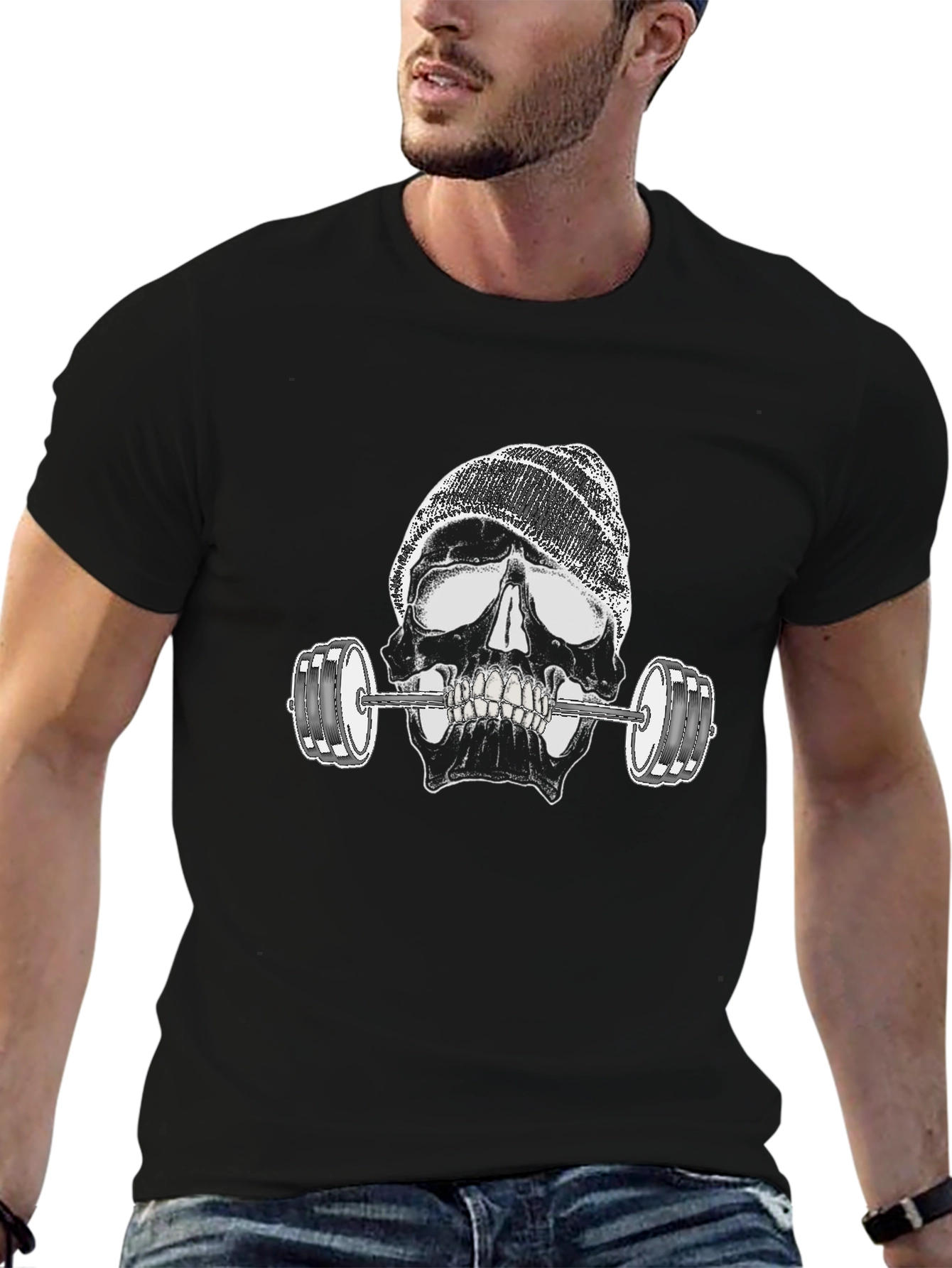 Skull Lifting Weights Graphic Black T-Shirt