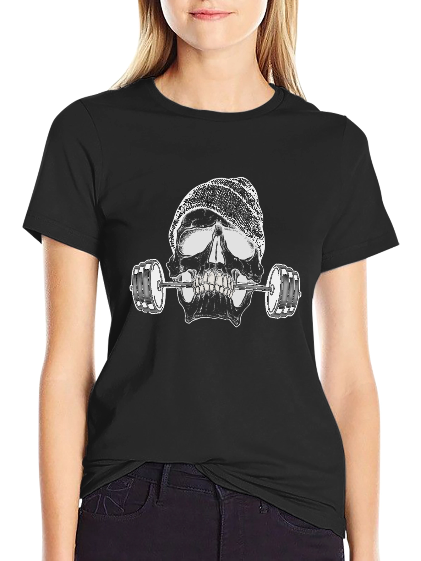 Skull Lifting Weights Graphic Black T-Shirt