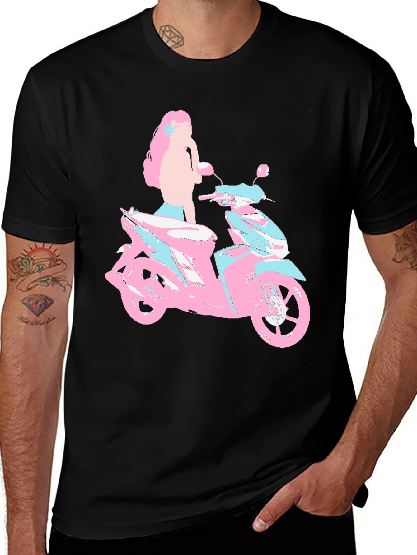 Pink & Blue Motorcycle Girl Graphic T-Shirt