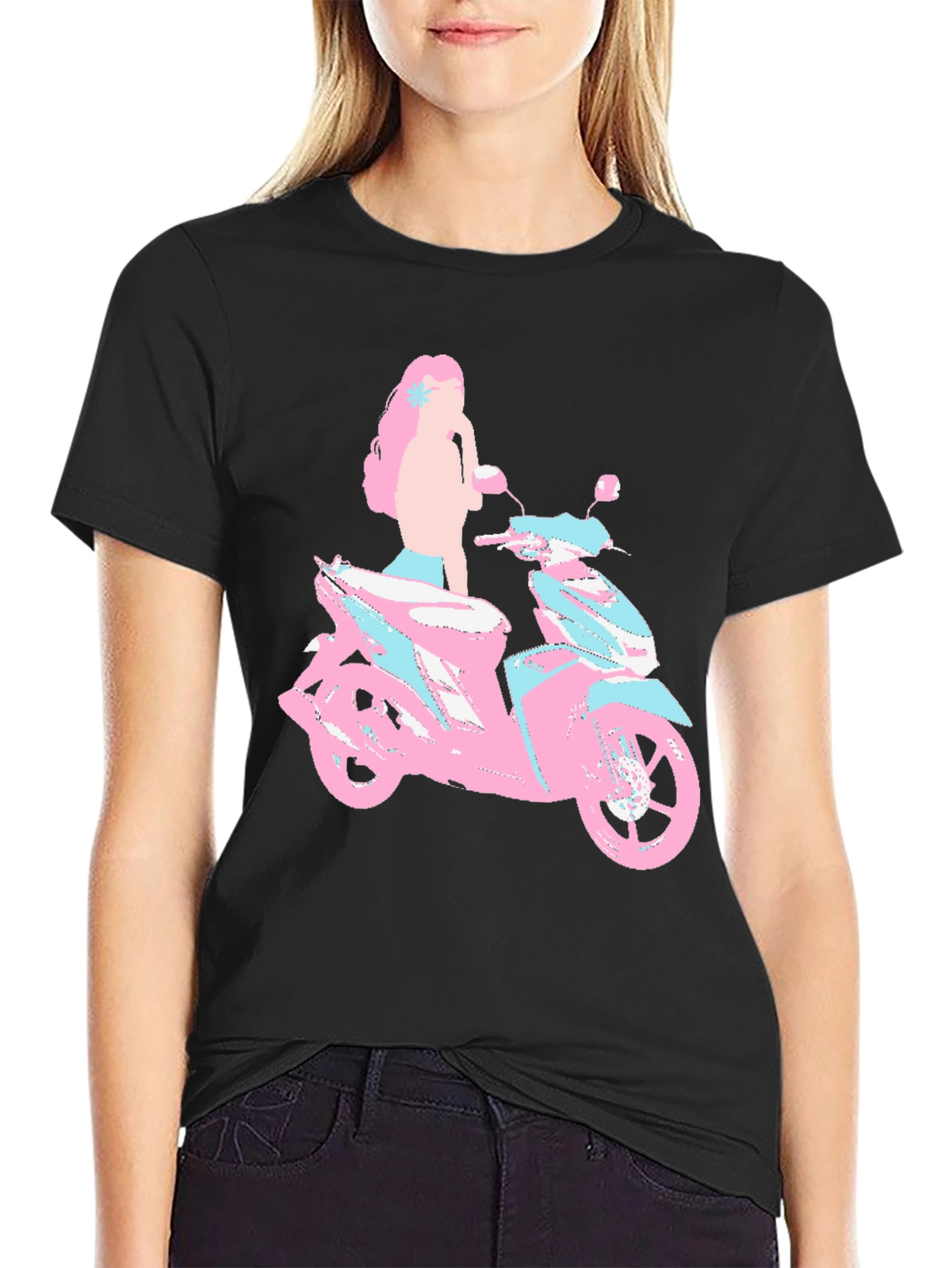 Pink & Blue Motorcycle Girl Graphic T-Shirt