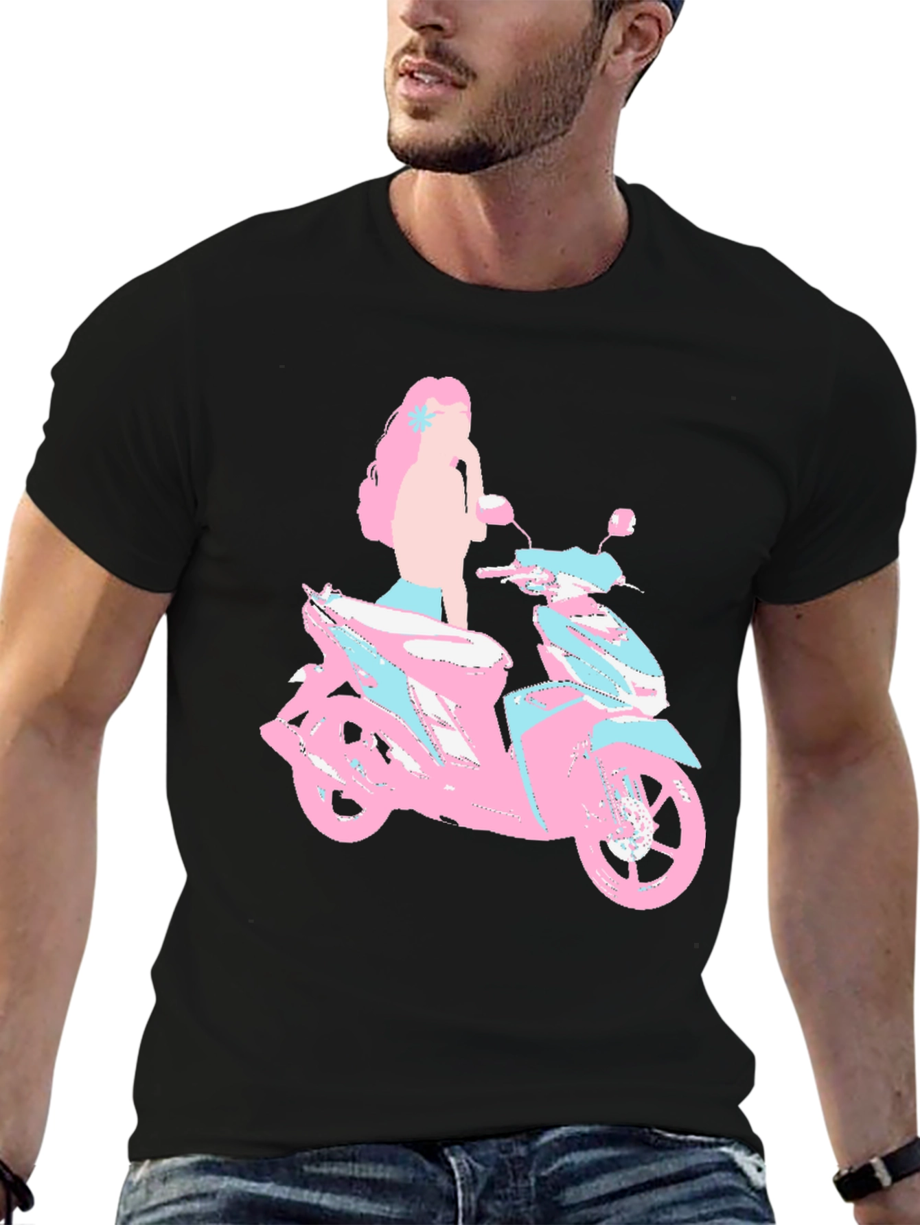 Pink & Blue Motorcycle Girl Graphic T-Shirt