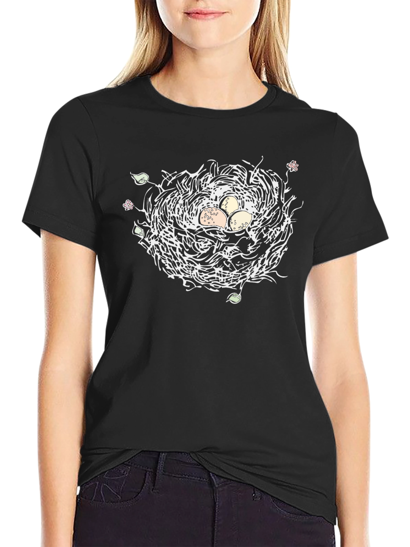 Nature Nest Graphic Tee - Black Cotton Casual T-Shirt