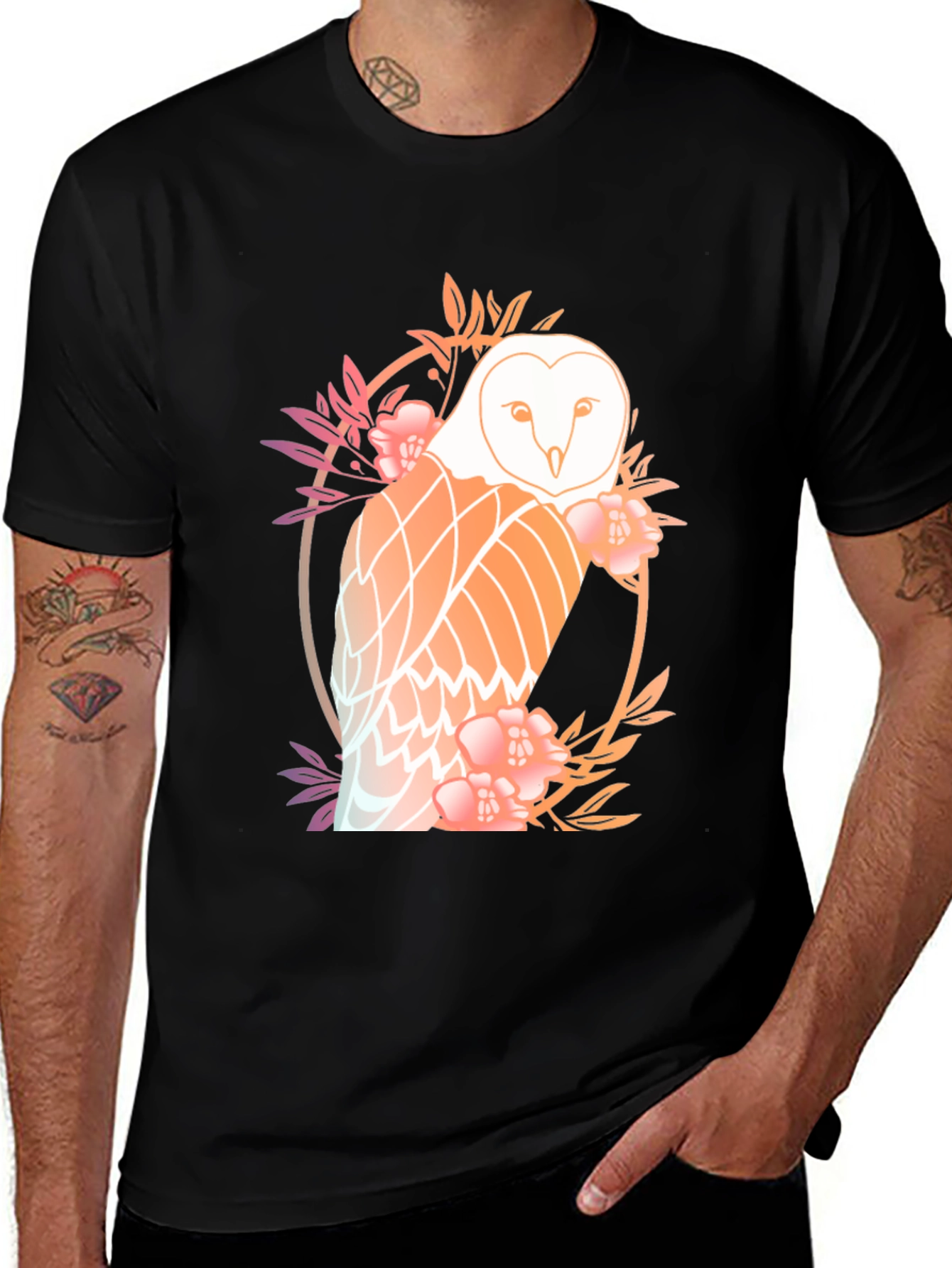 Floral Owl Graphic Tee - Mens Black T-Shirt