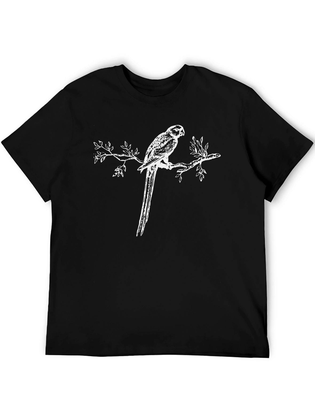 Black T-Shirt with Parrot on Branch Graphic