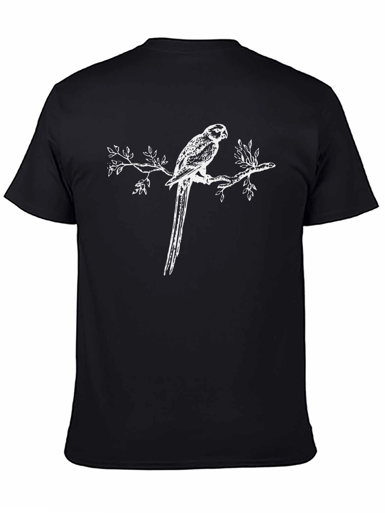 Black T-Shirt with Parrot on Branch Graphic
