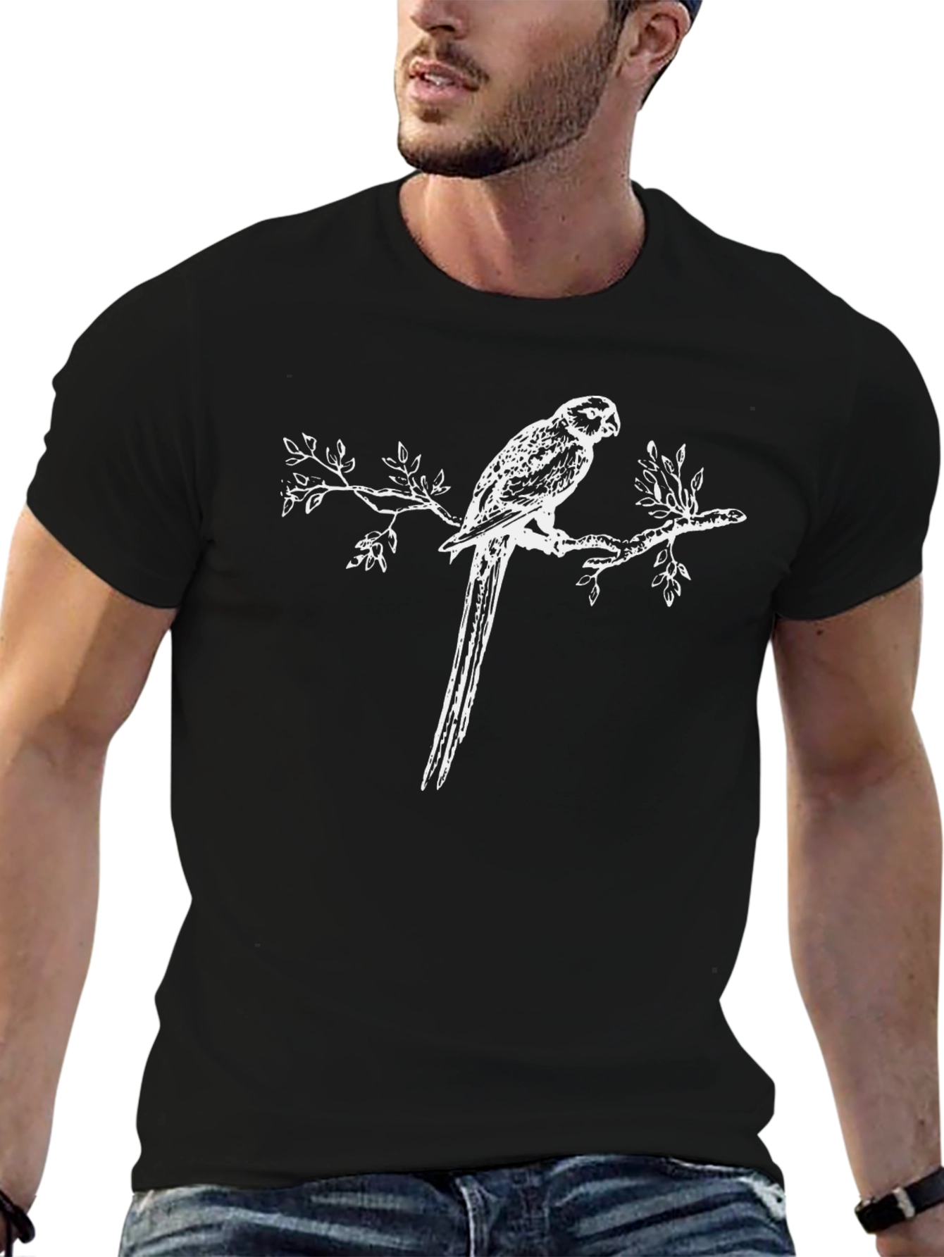 Black T-Shirt with Parrot on Branch Graphic