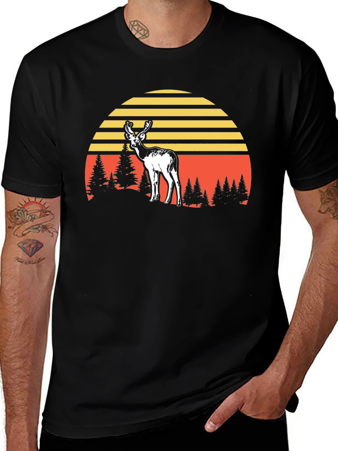 Deer Sunset Graphic Tee - Black Cotton Blend