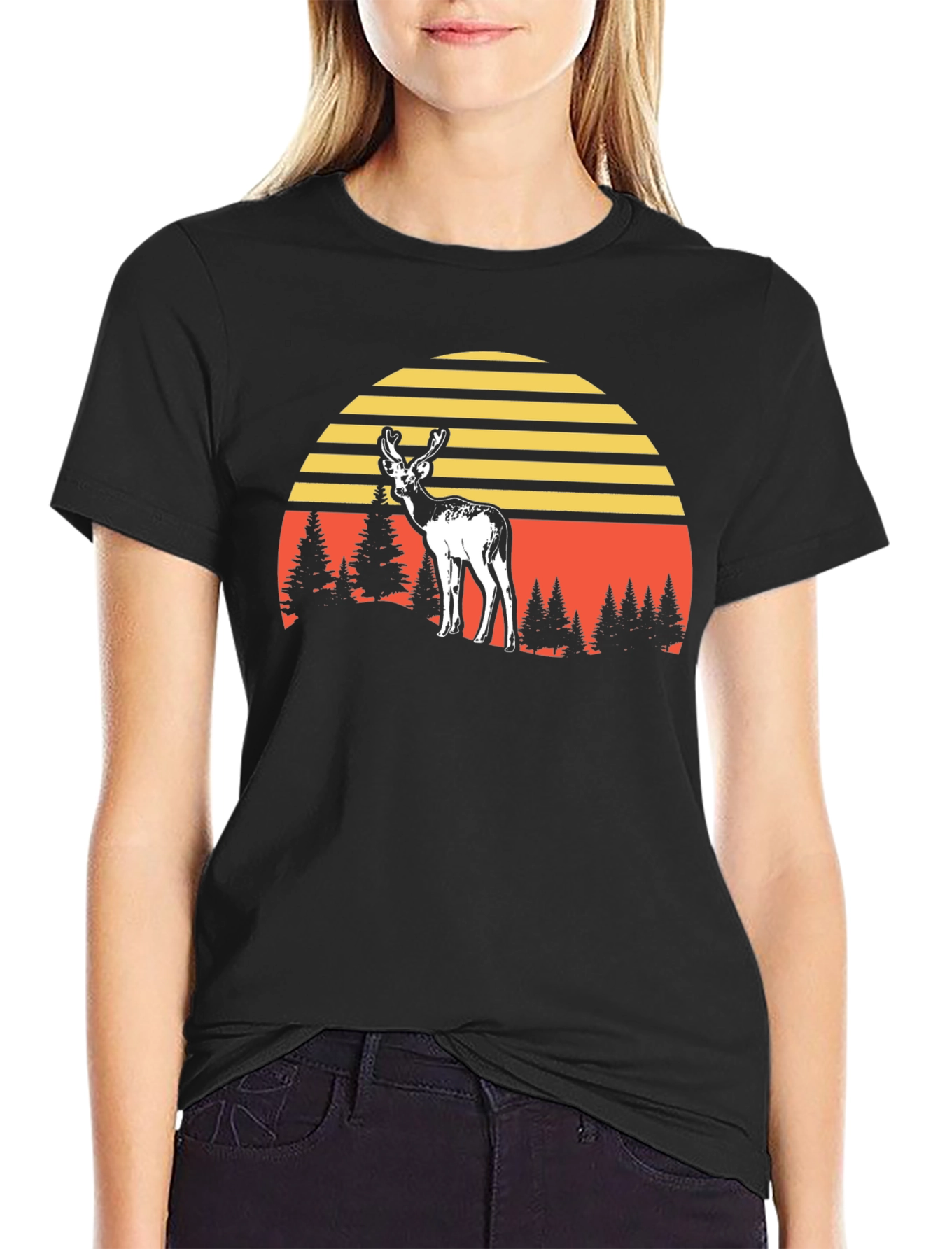 Deer Sunset Graphic Tee - Black Cotton Blend