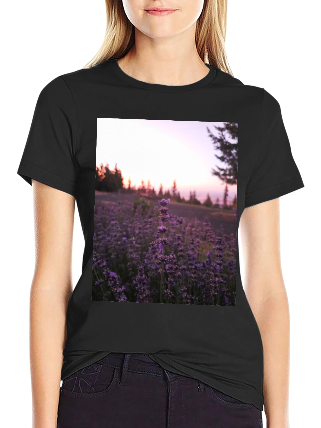 Lavender Field Graphic Tee - Black Cotton Blend T-Shirt
