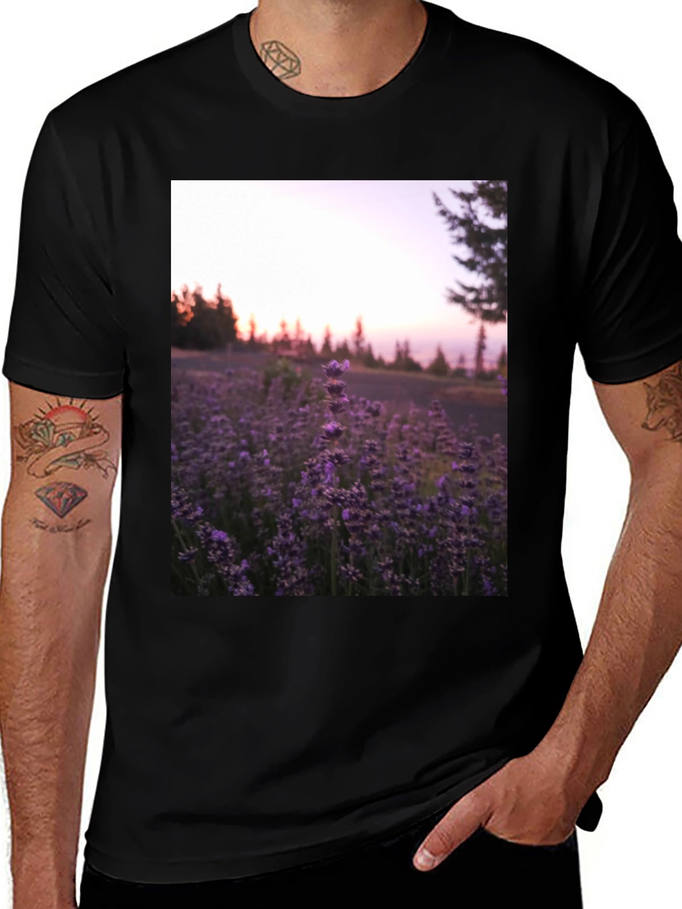 Lavender Field Graphic Tee - Black Cotton Blend T-Shirt