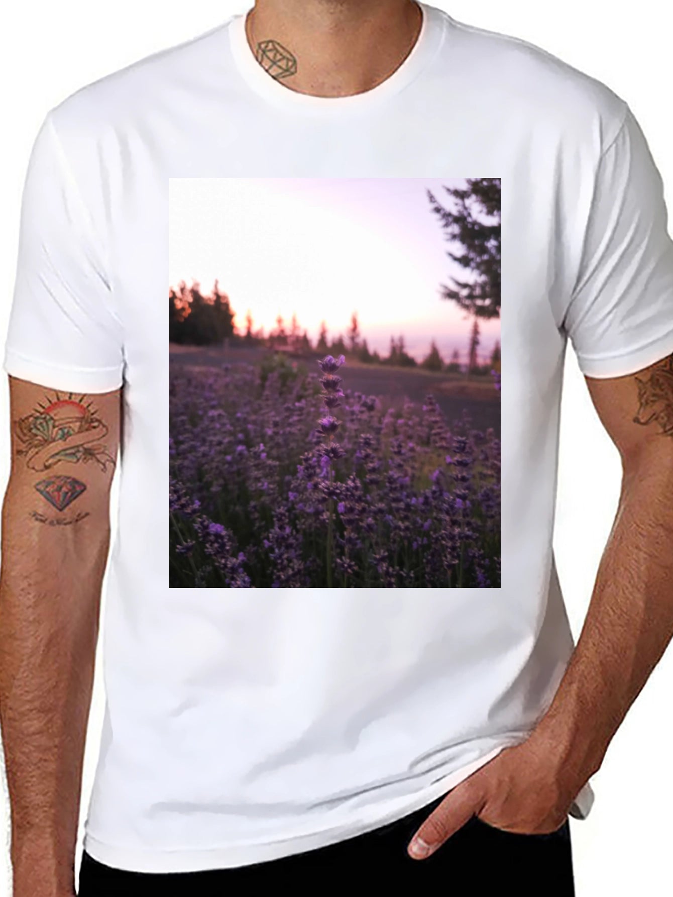 Lavender Field Graphic Tee - Black Cotton Blend T-Shirt