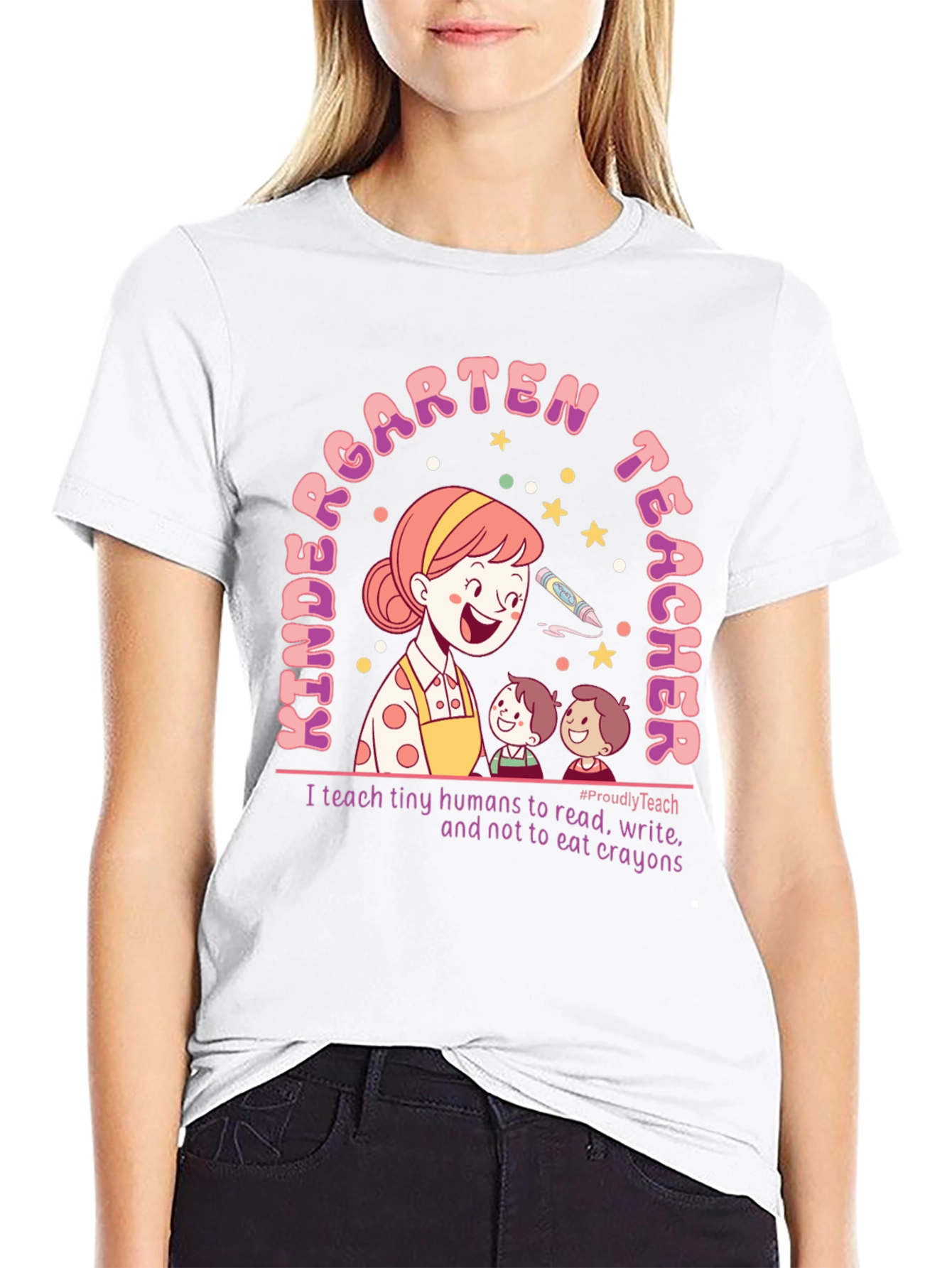 Kindergarten Teacher T-Shirt: Read Write No Crayons!