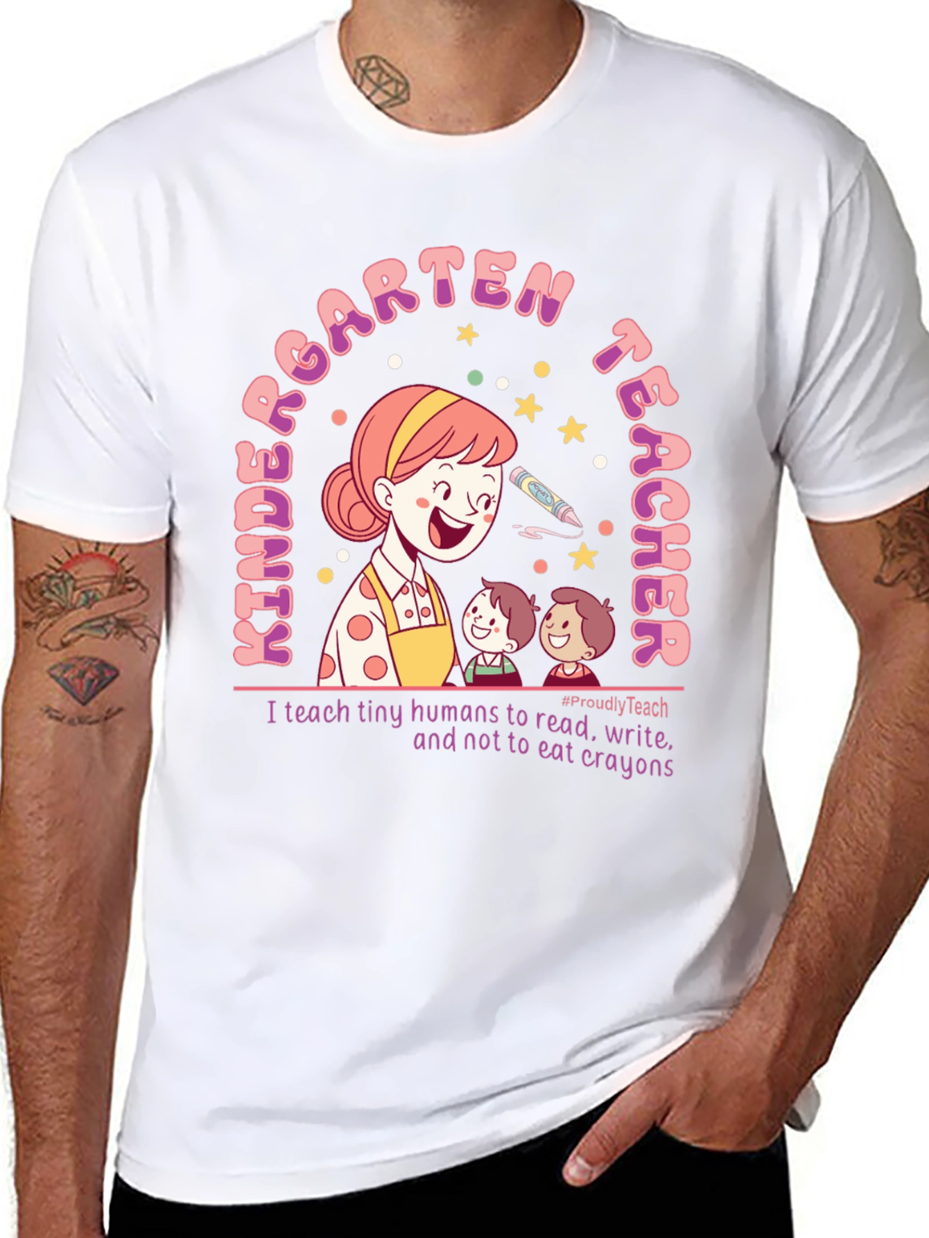 Kindergarten Teacher T-Shirt: Read Write No Crayons!