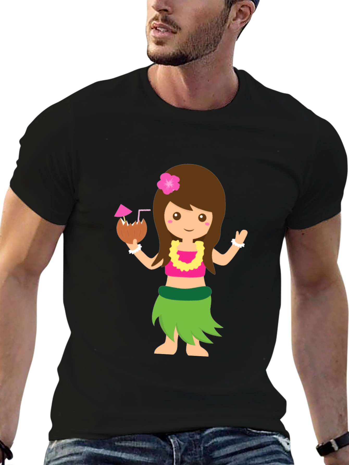 Tropical Hula Girl Graphic Tee - Black