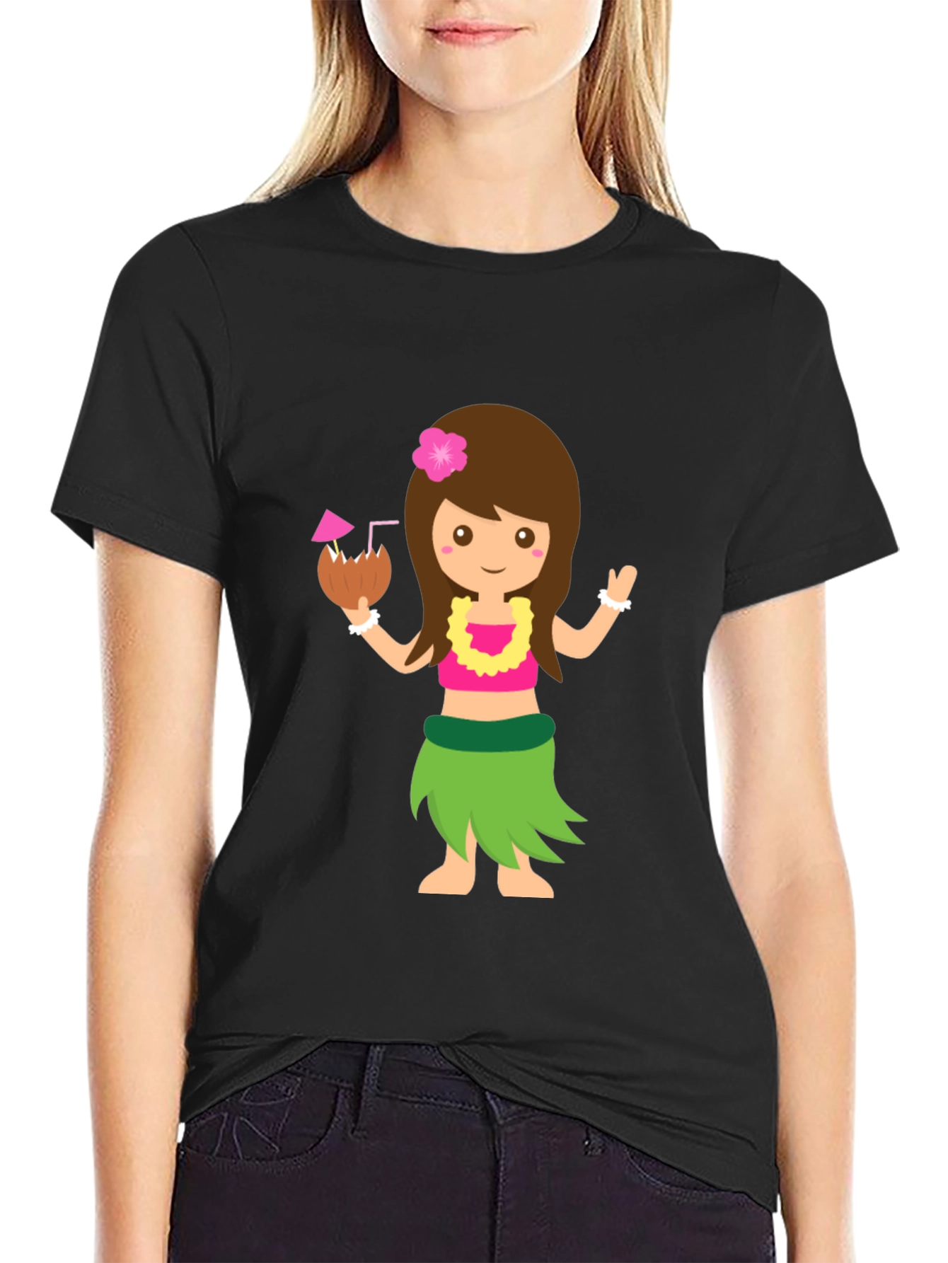 Tropical Hula Girl Graphic Tee - Black