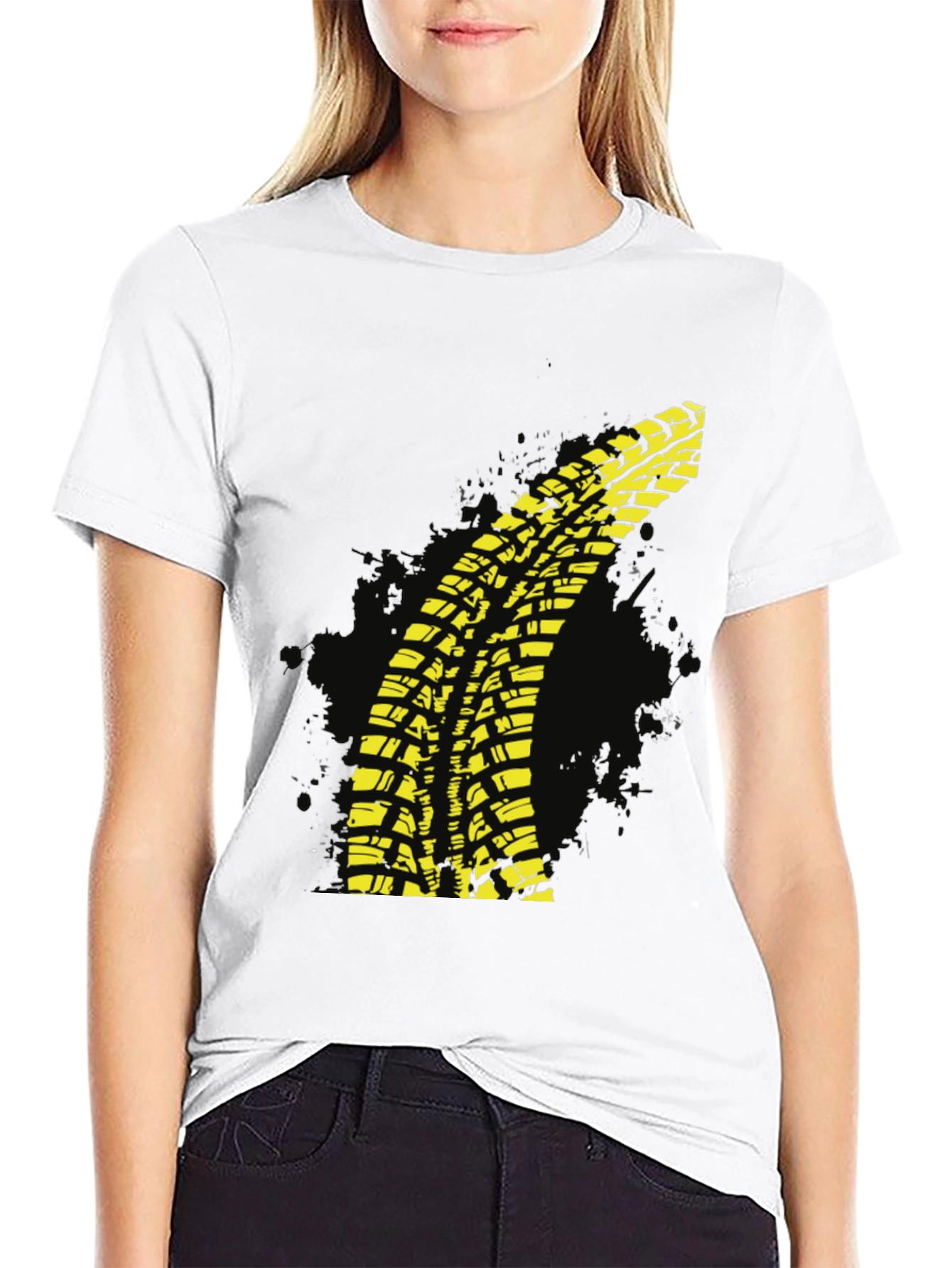 Yellow Tire Track T-Shirt - Black Cotton Tee