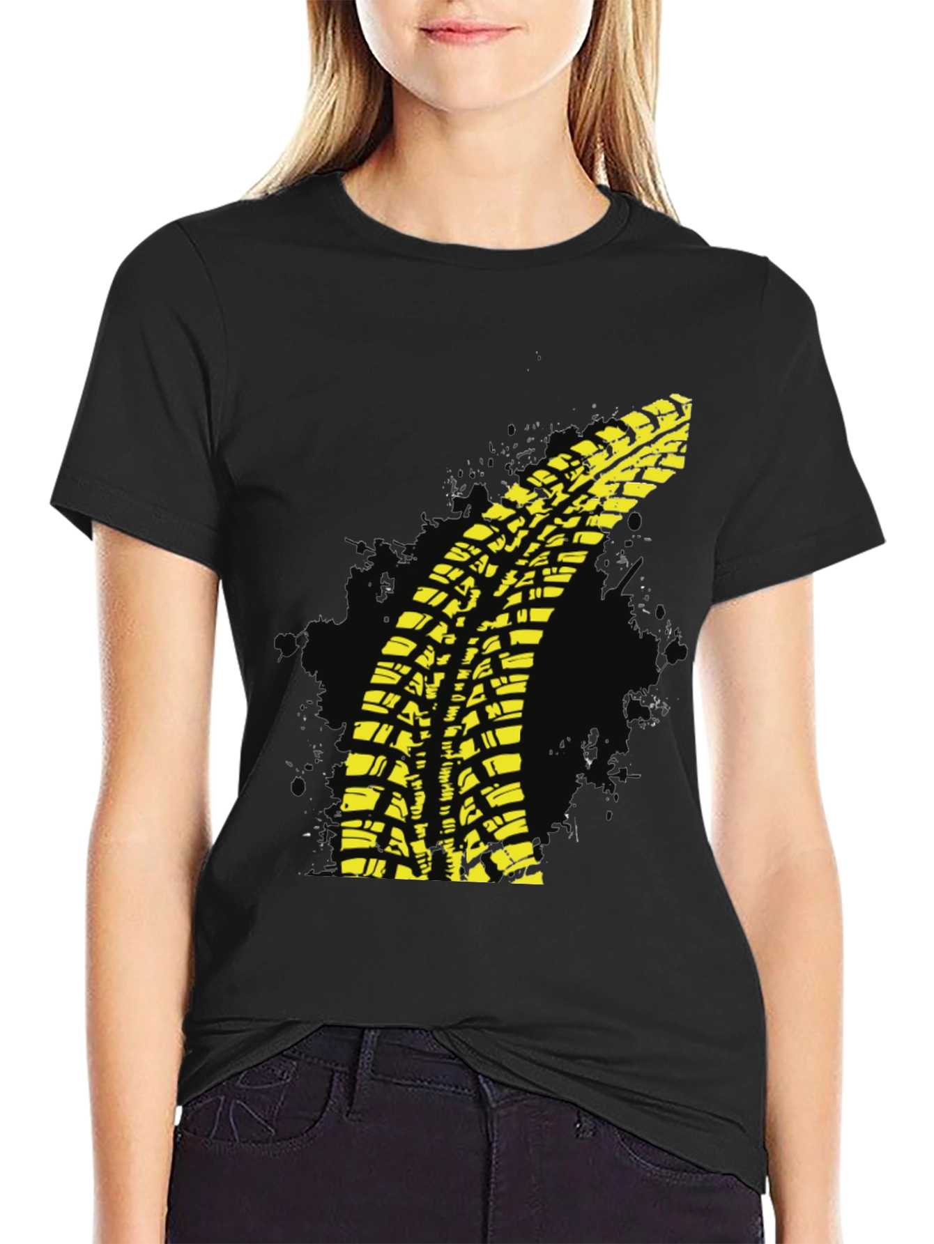 Yellow Tire Track T-Shirt - Black Cotton Tee