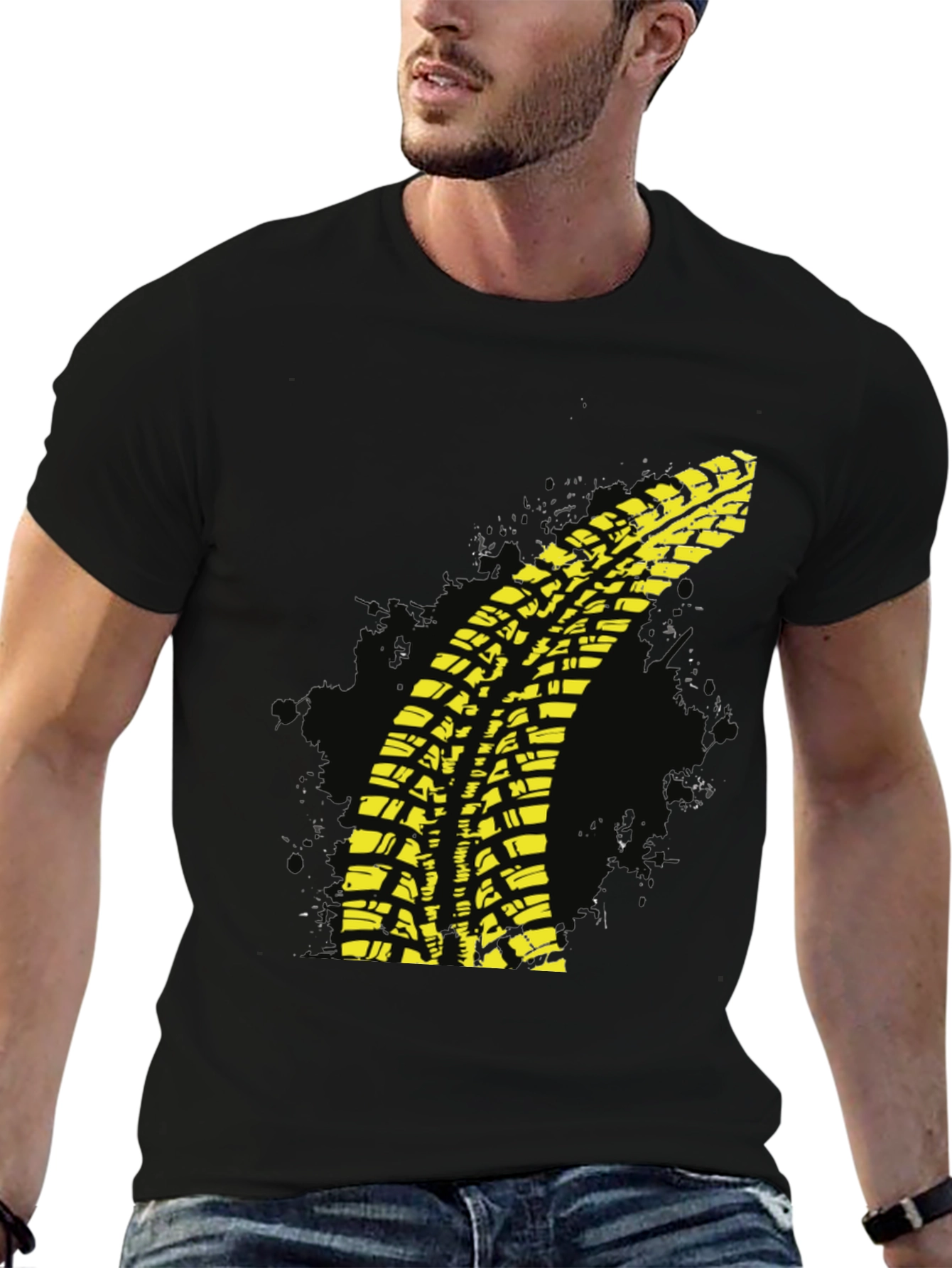 Yellow Tire Track T-Shirt - Black Cotton Tee