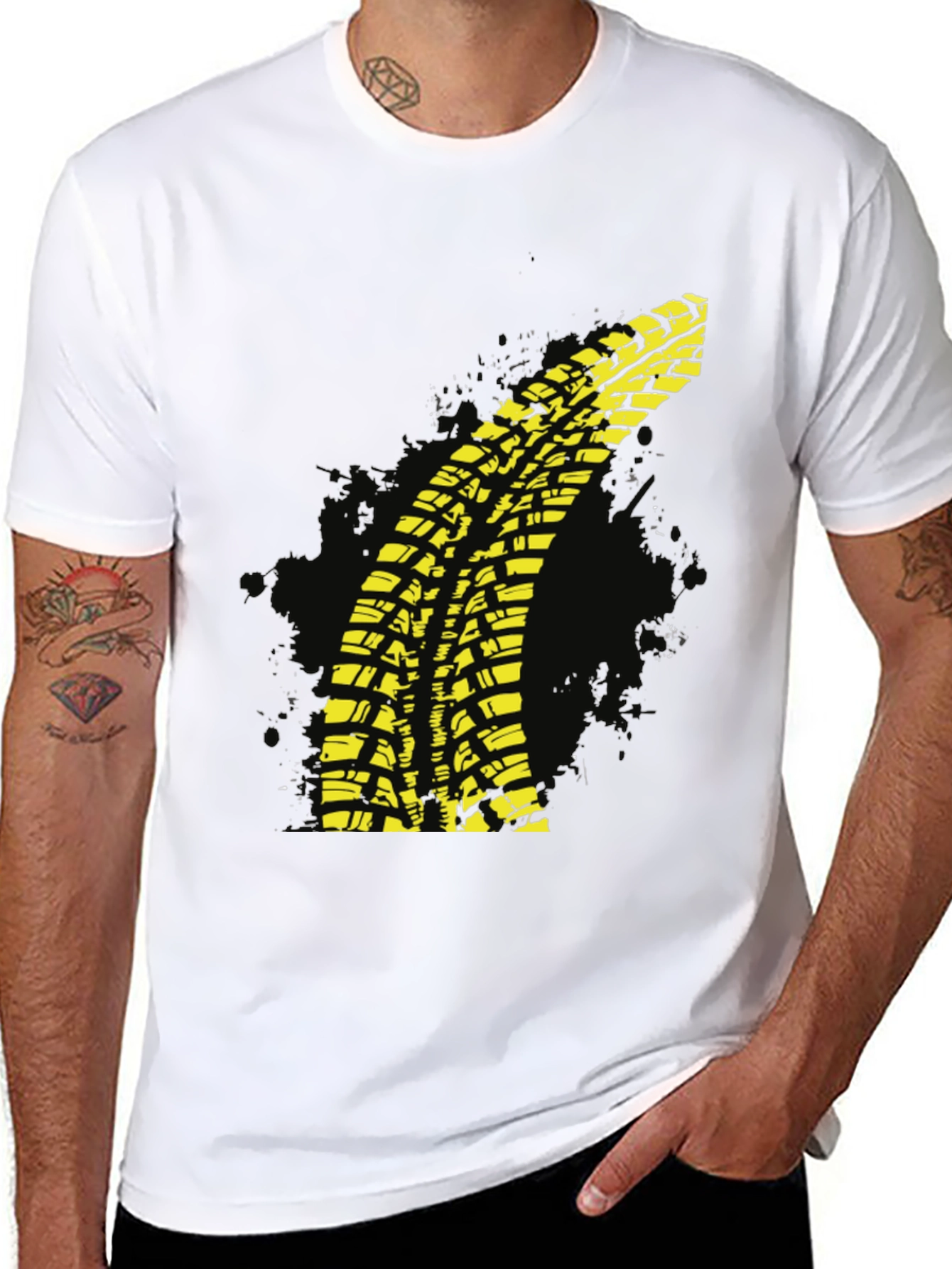 Yellow Tire Track T-Shirt - Black Cotton Tee