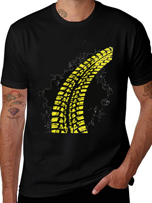 Yellow Tire Track T-Shirt - Black Cotton Tee