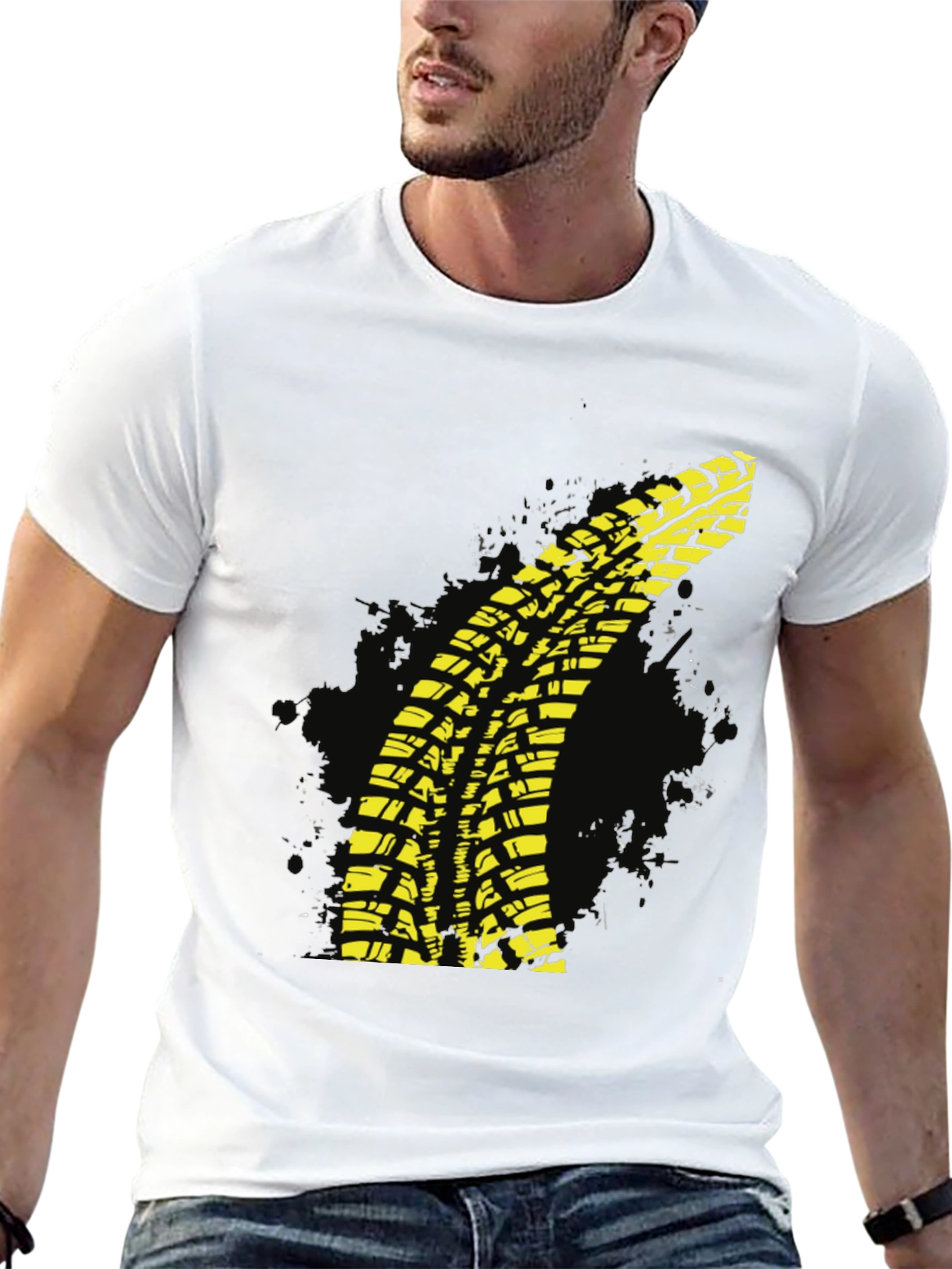 Yellow Tire Track T-Shirt - Black Cotton Tee