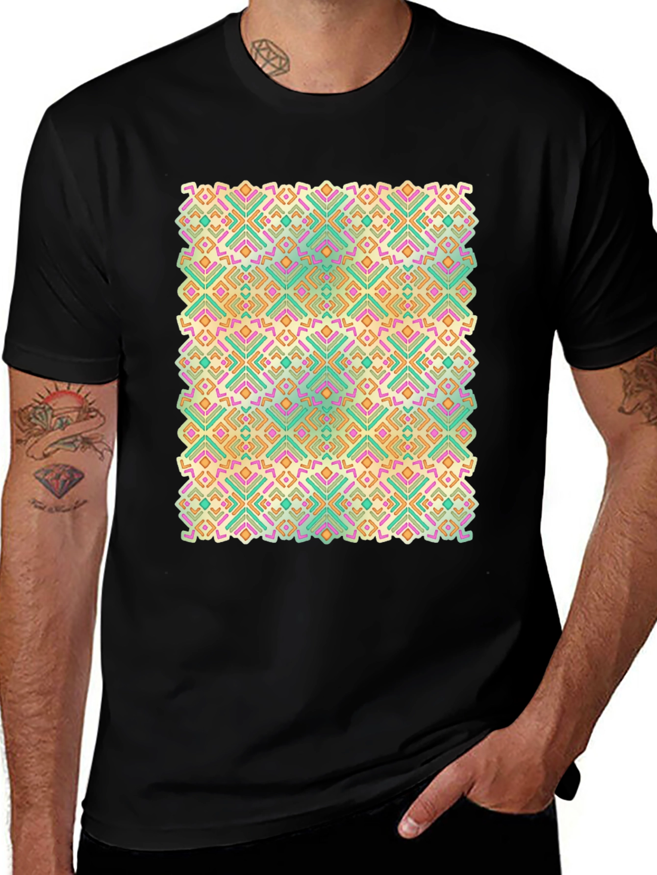 Geometric Pattern Black Crew Neck T-Shirt