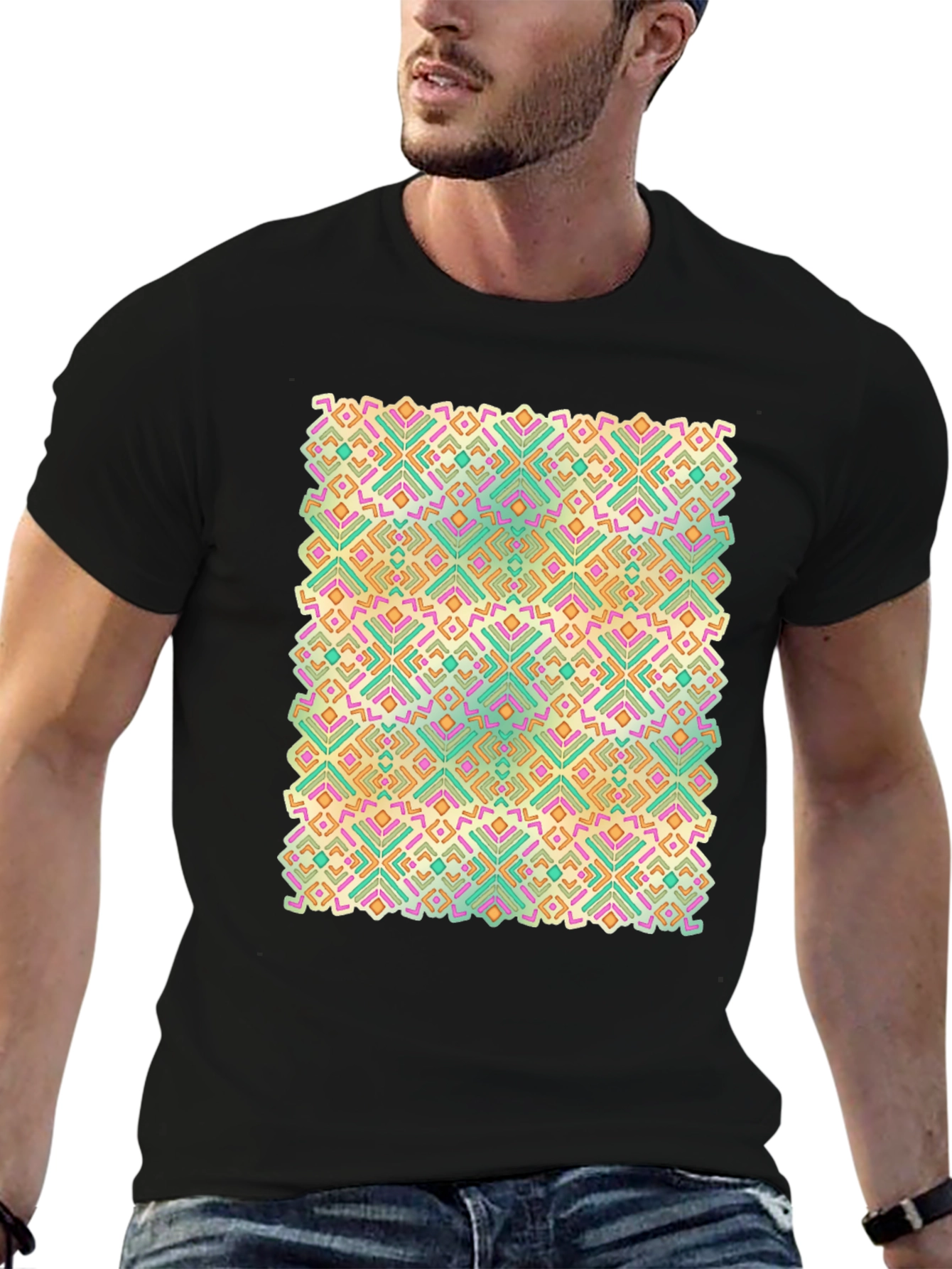 Geometric Pattern Black Crew Neck T-Shirt