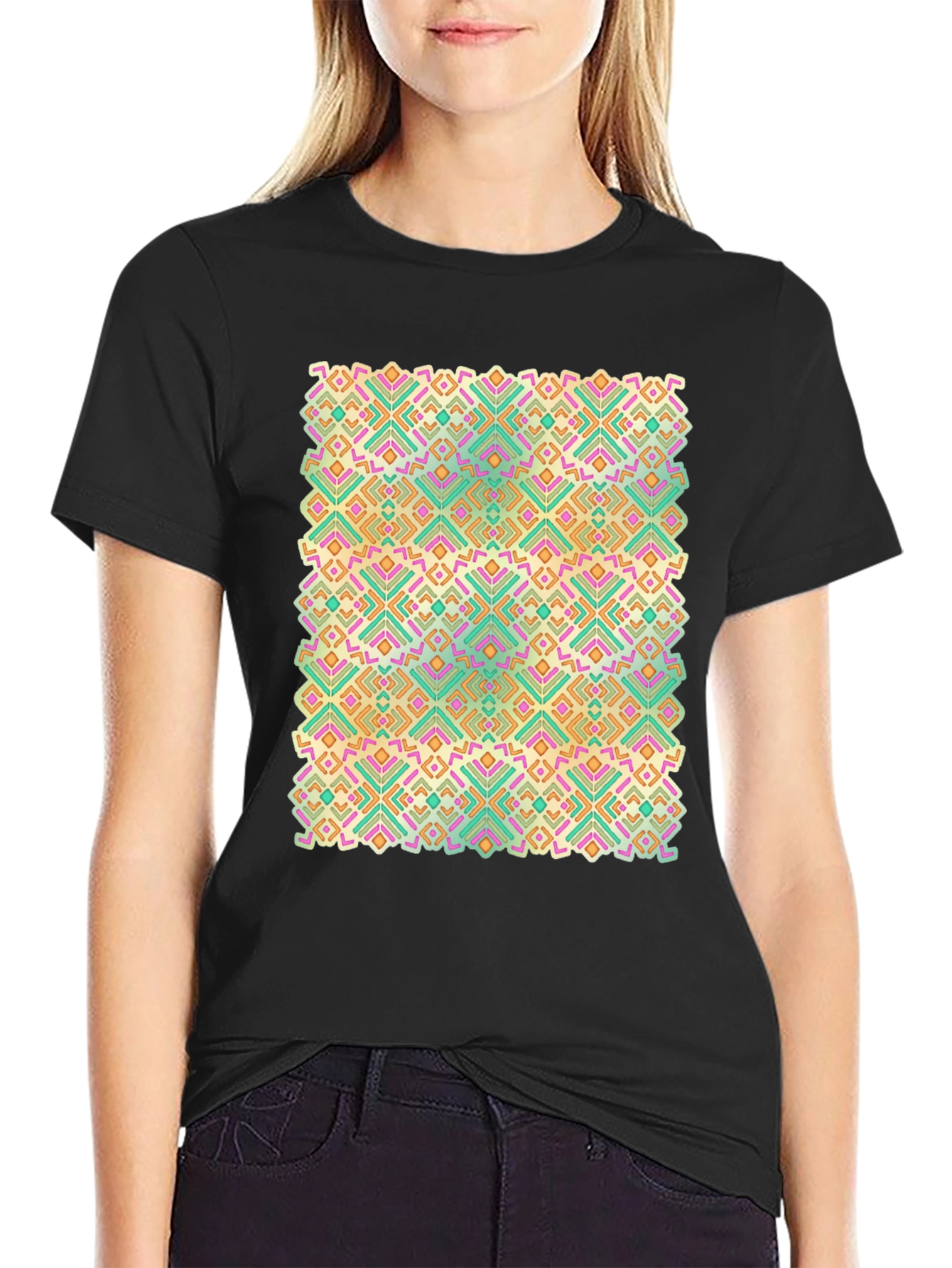 Geometric Pattern Black Crew Neck T-Shirt