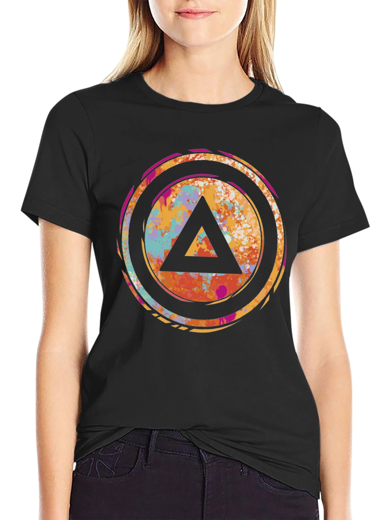 Abstract Triangle Graphic Tee - Black Cotton T-Shirt