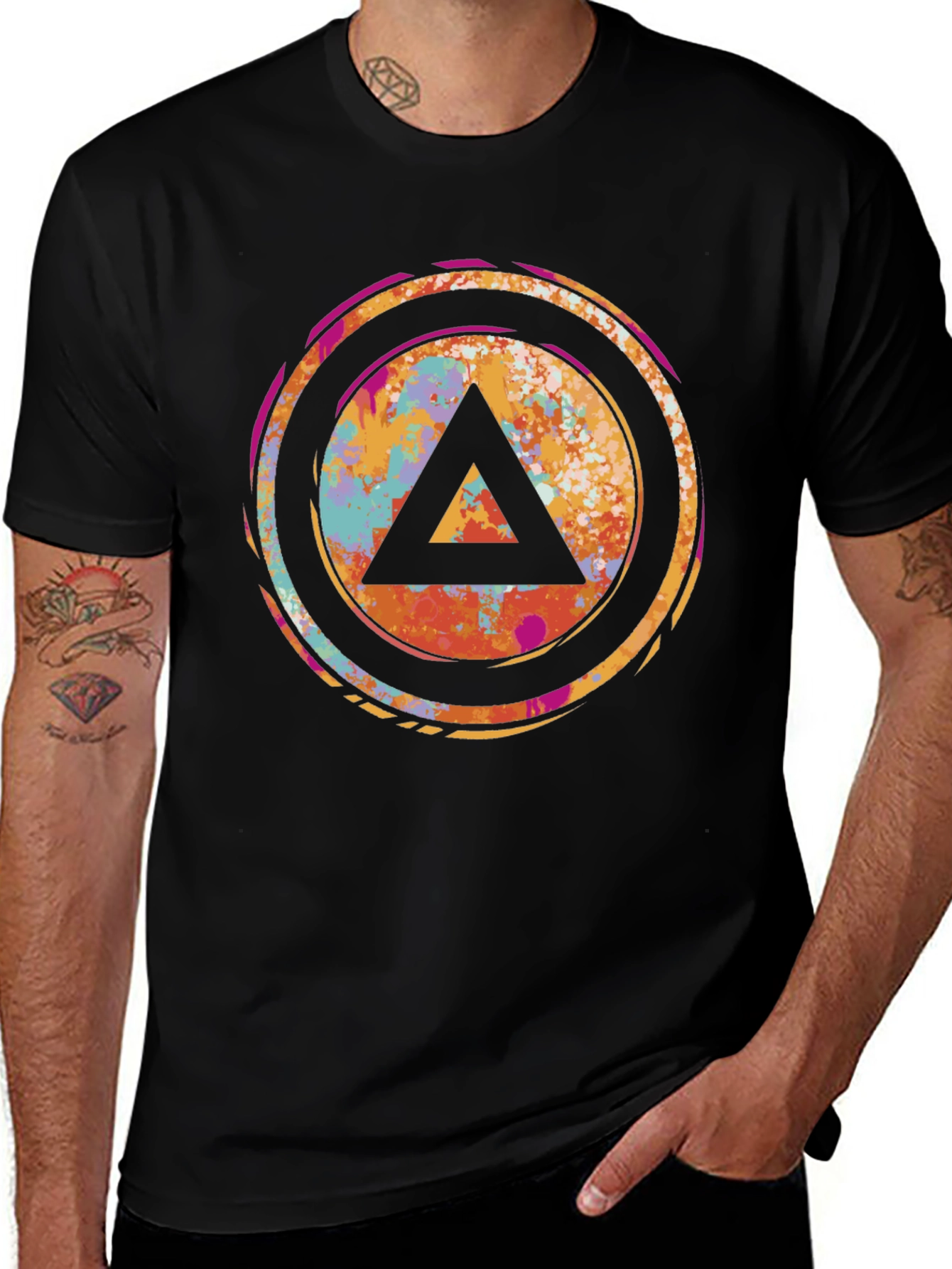 Abstract Triangle Graphic Tee - Black Cotton T-Shirt