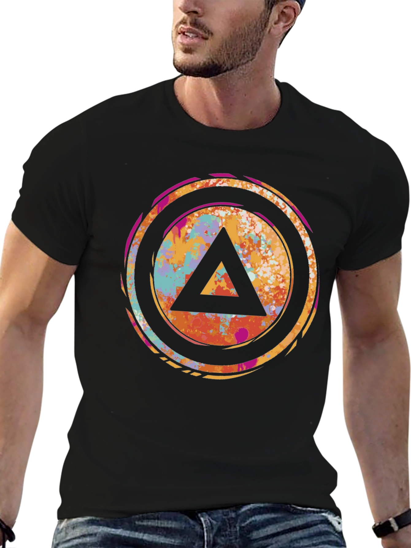 Abstract Triangle Graphic Tee - Black Cotton T-Shirt