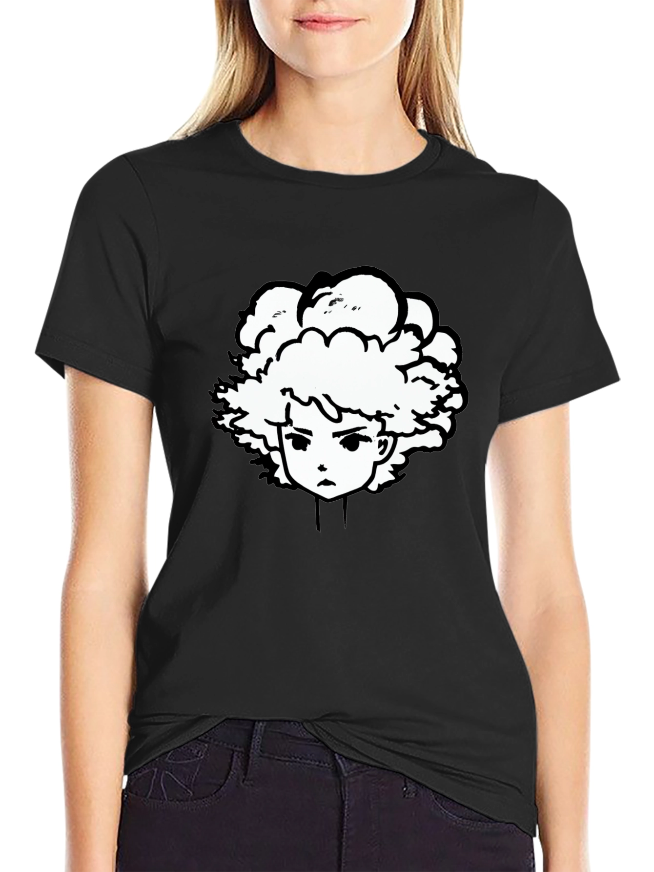 Anime Graphic Tee - Black Cotton Blend T-Shirt