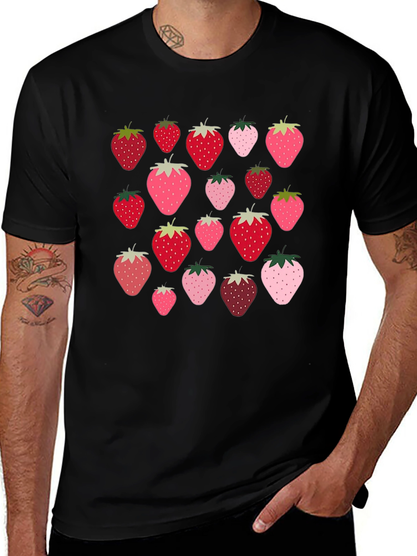 Strawberry Pattern Black T-Shirt