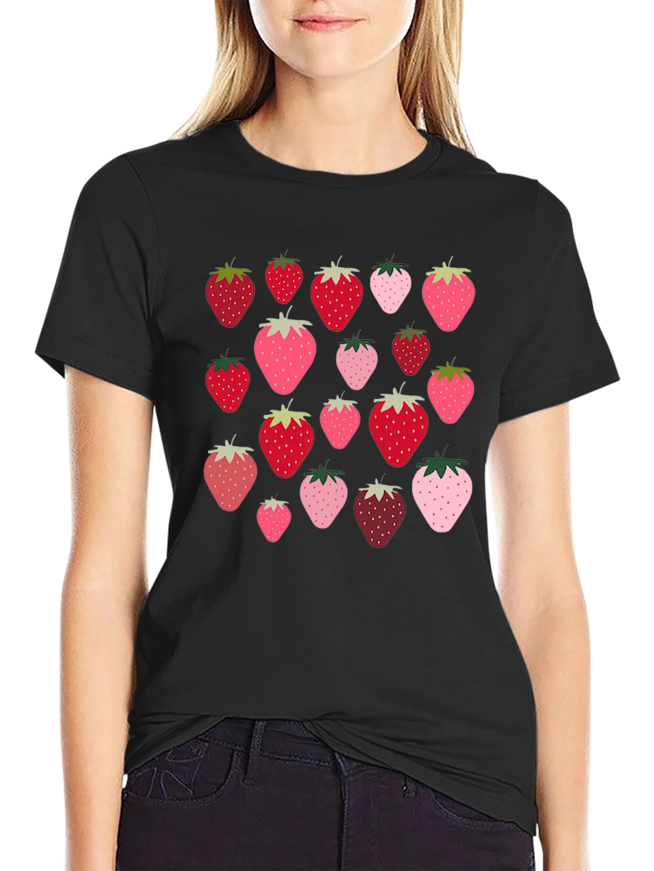 Strawberry Pattern Black T-Shirt