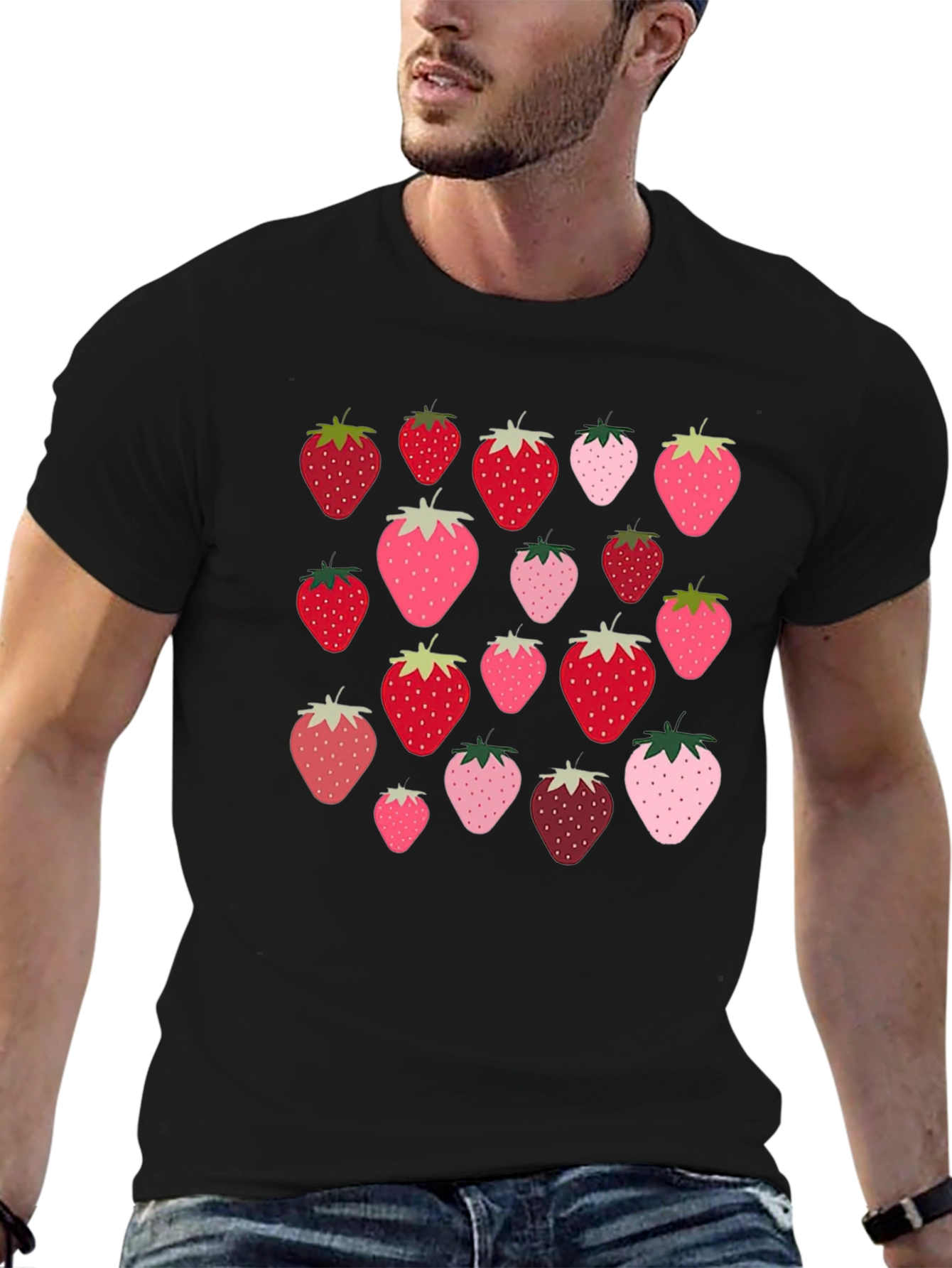 Strawberry Pattern Black T-Shirt